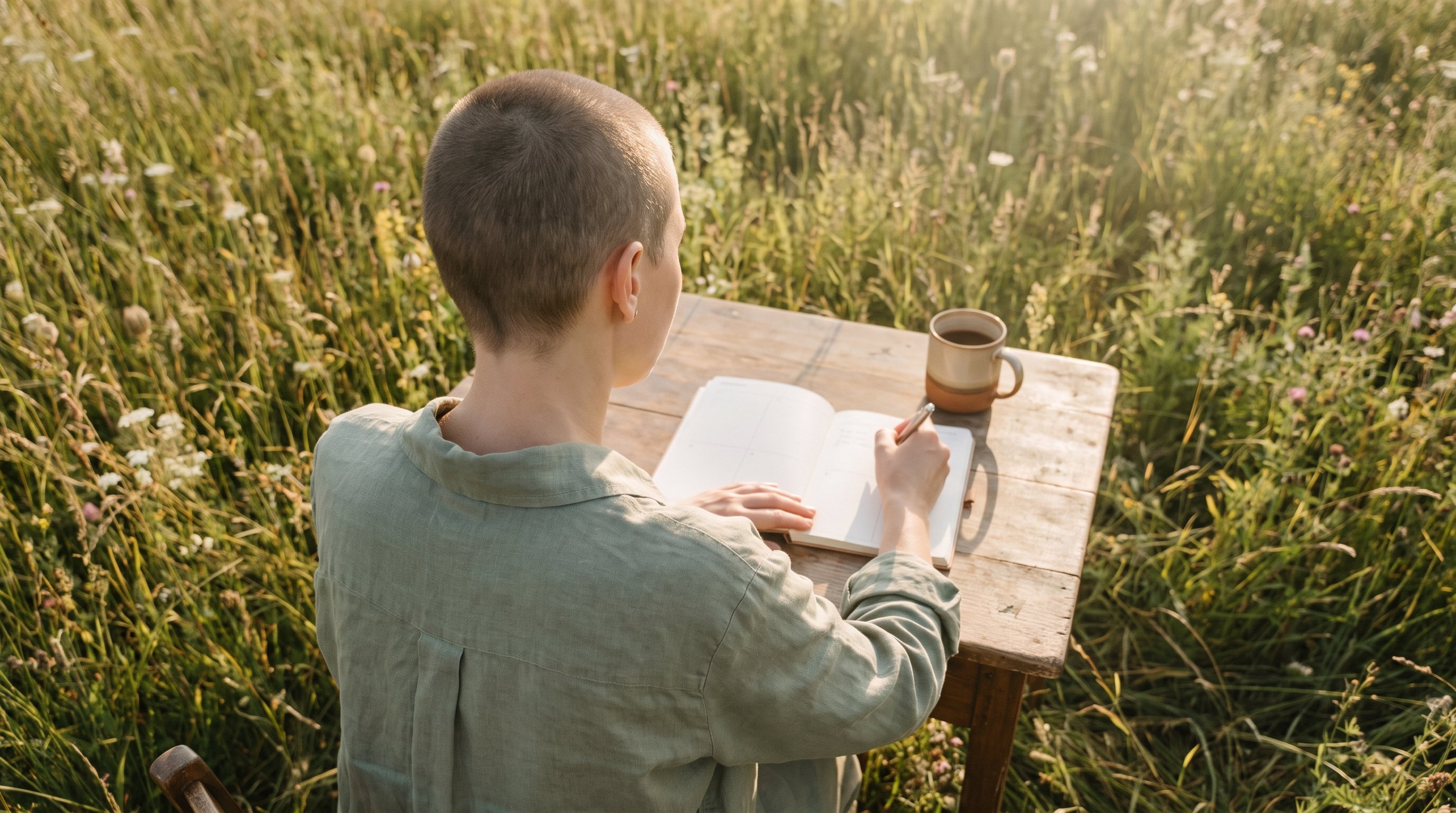 person writing time blocks into a paper planner at a desk