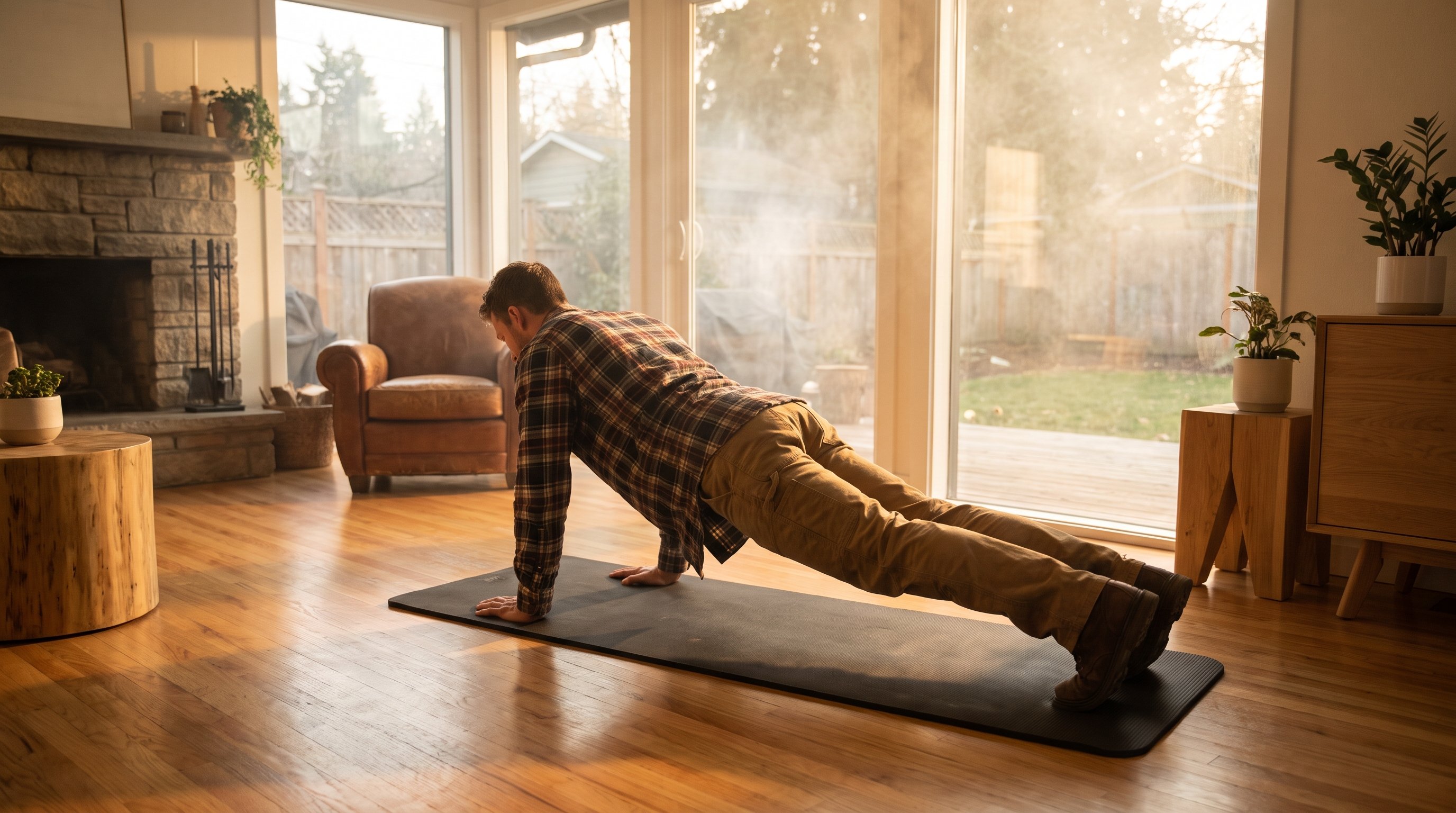 person doing push ups living room