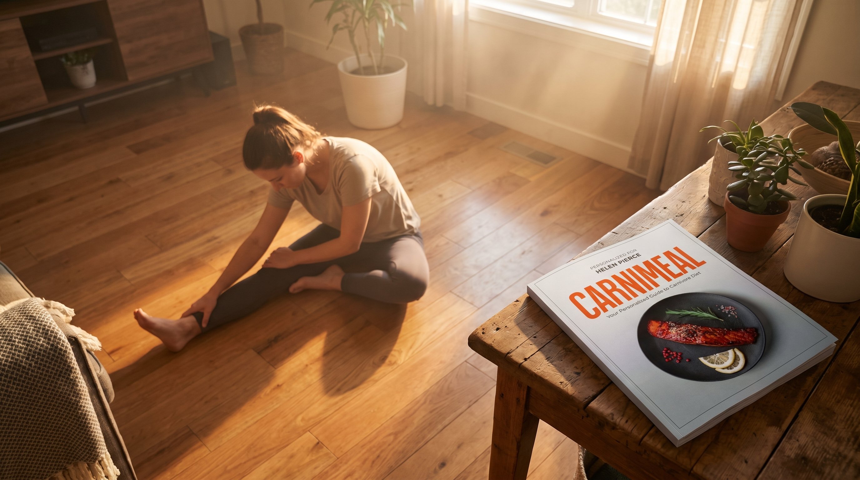 person stretching on living room floor
