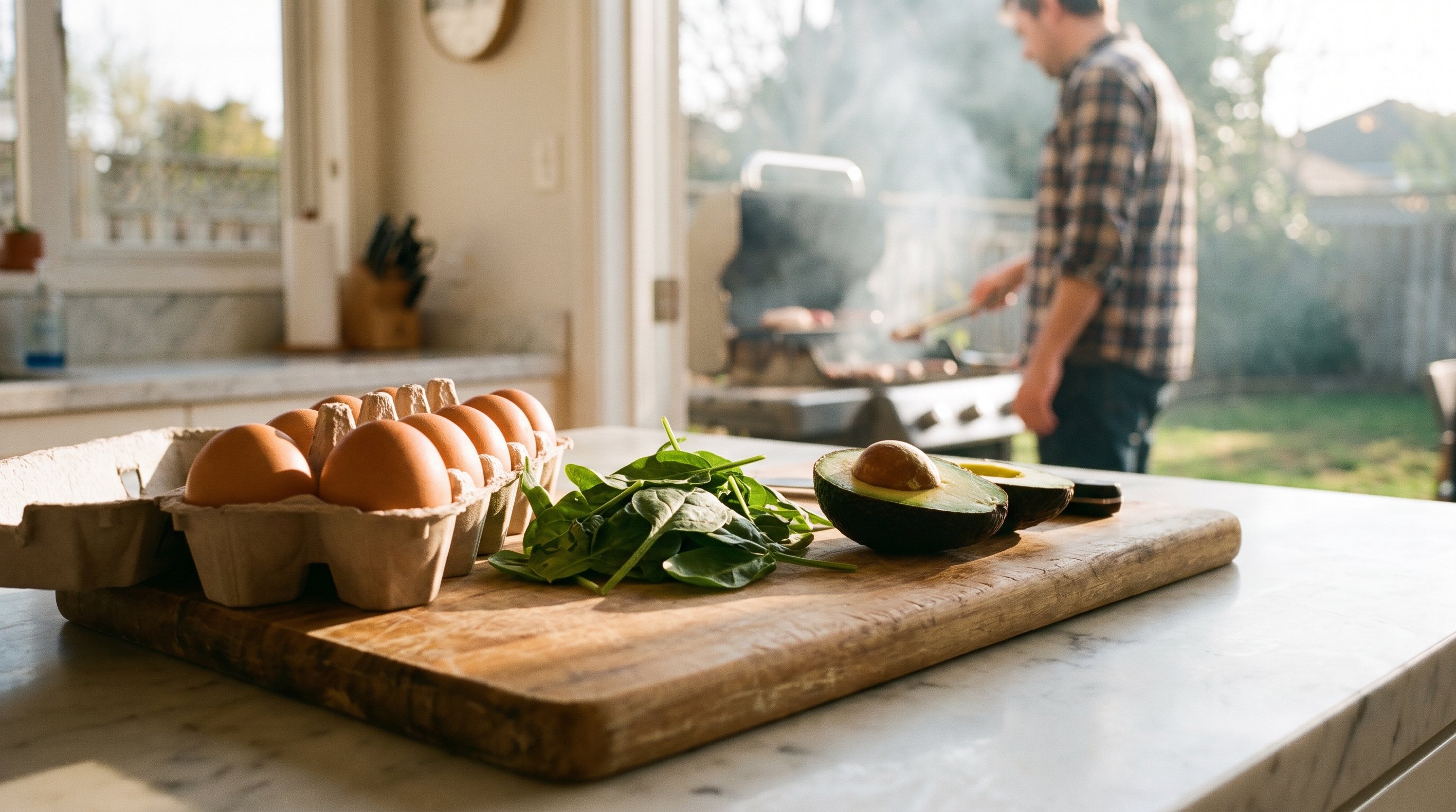 wooden table with protein foods