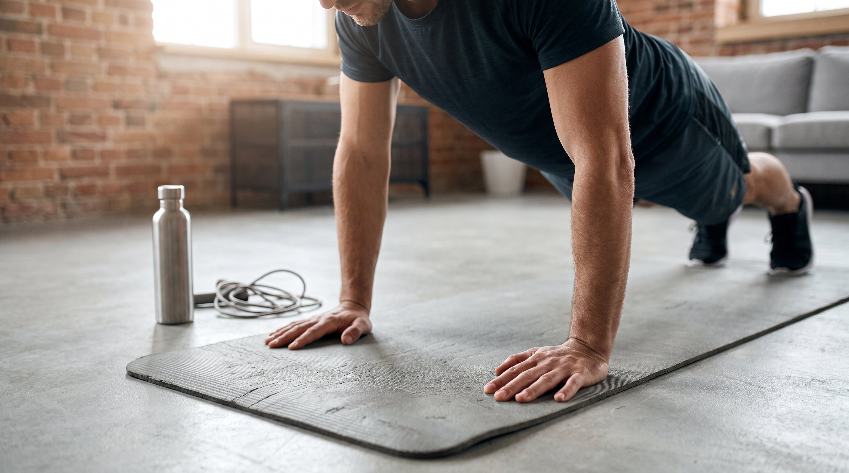 doing a bodyweight calisthenics push-up progression on a mat at home