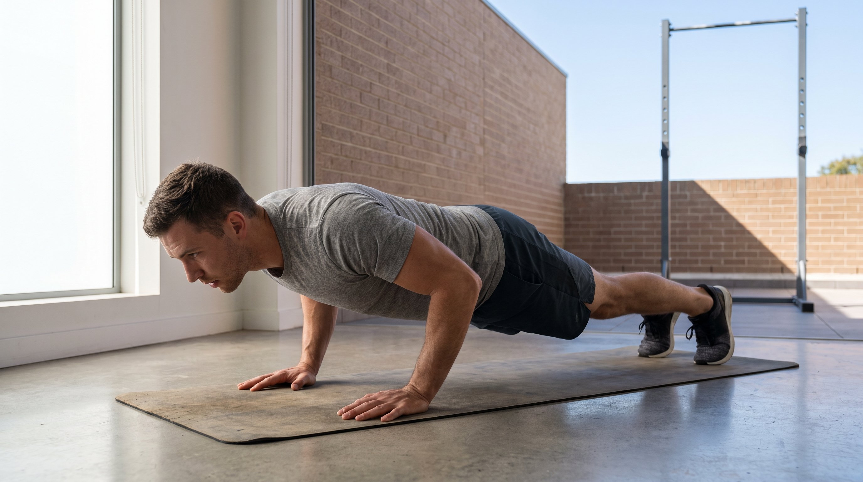 doing a bodyweight calisthenics push-up progression on a mat at home