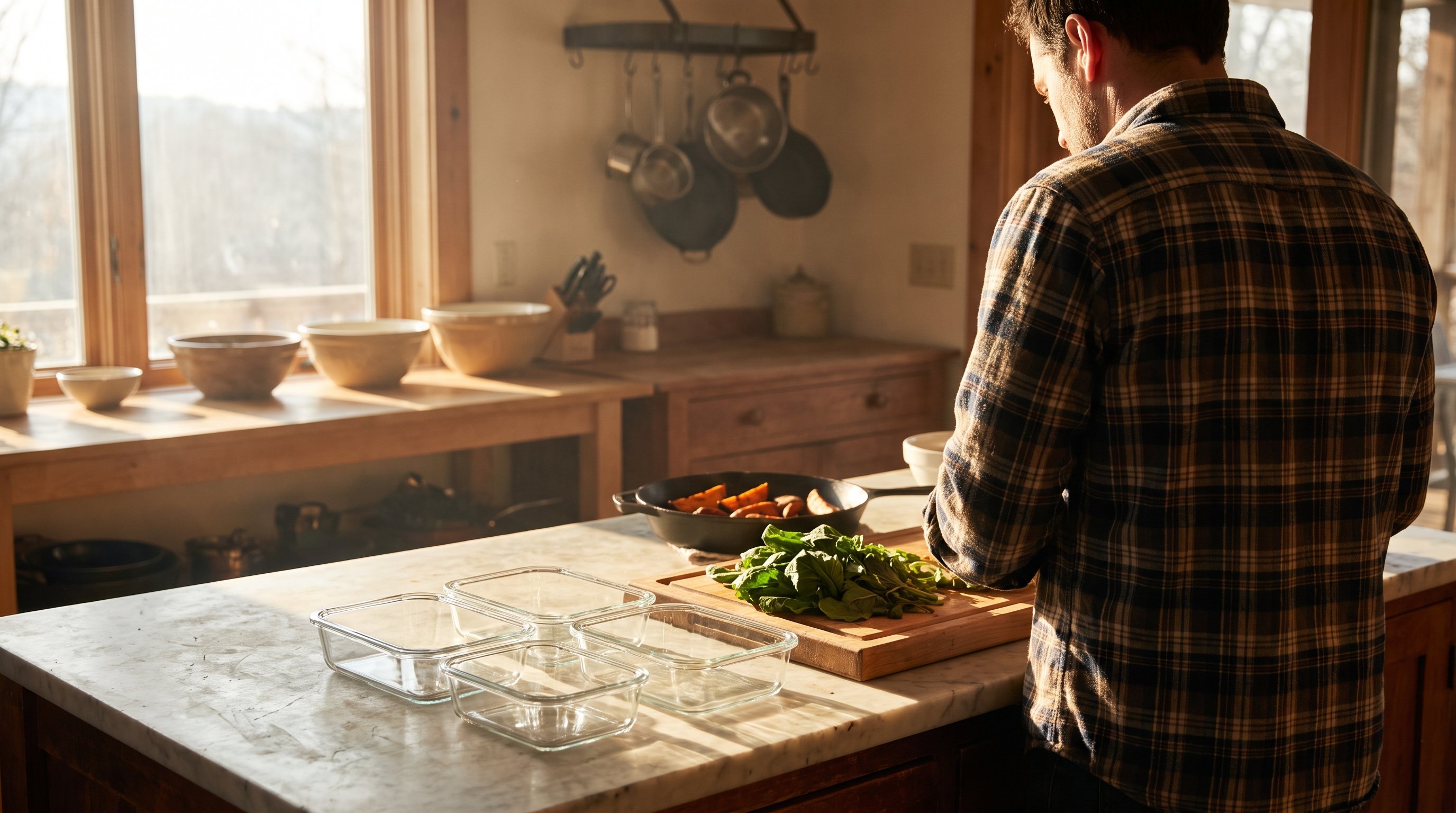 person portioning food into containers on kitchen counter