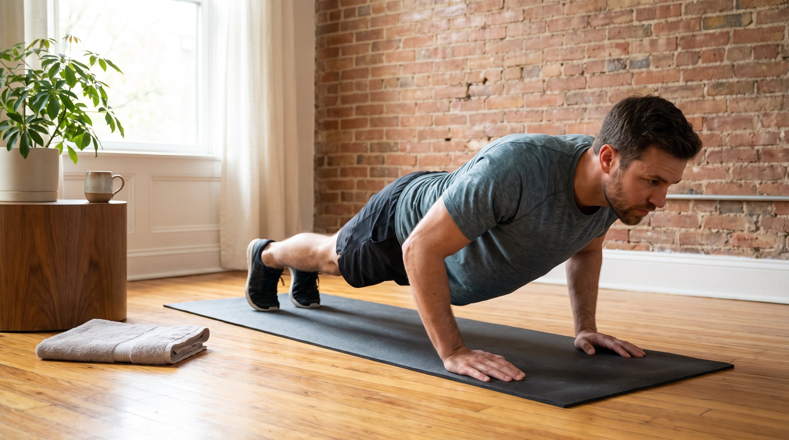 doing a bodyweight calisthenics push-up progression on a mat at home