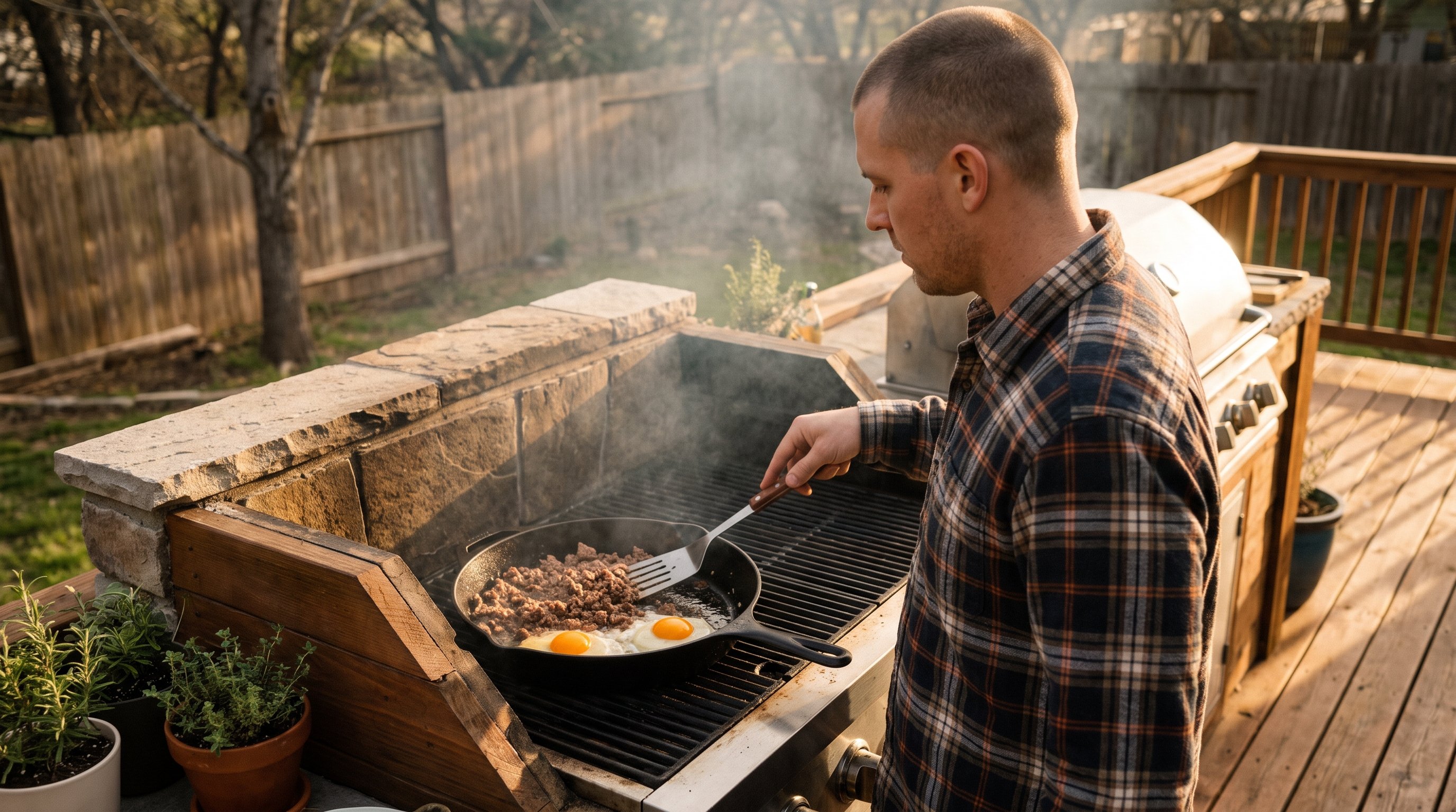 ground beef and fried eggs cooking in a pan