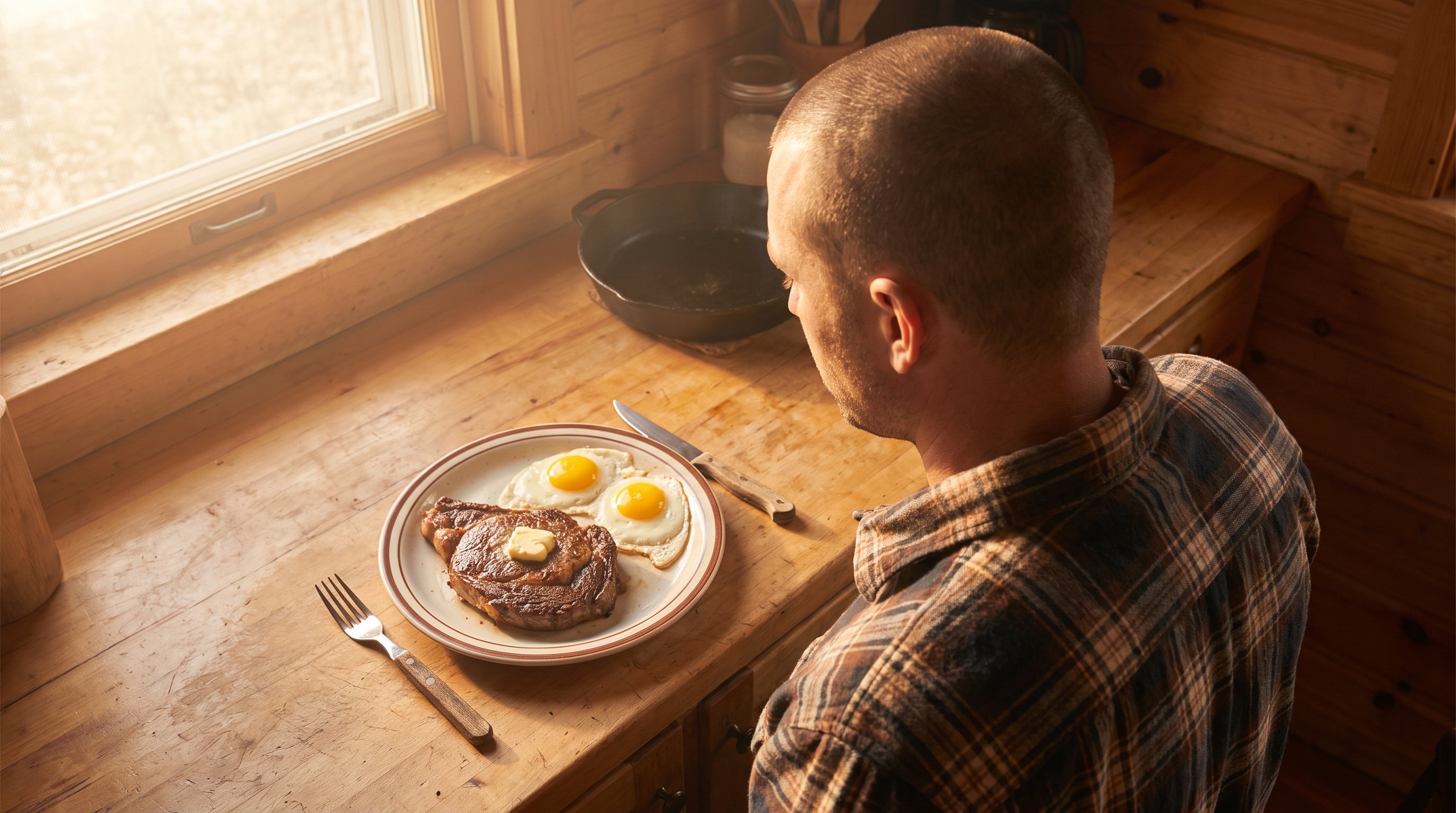 plate of steak and eggs on a kitchen counter