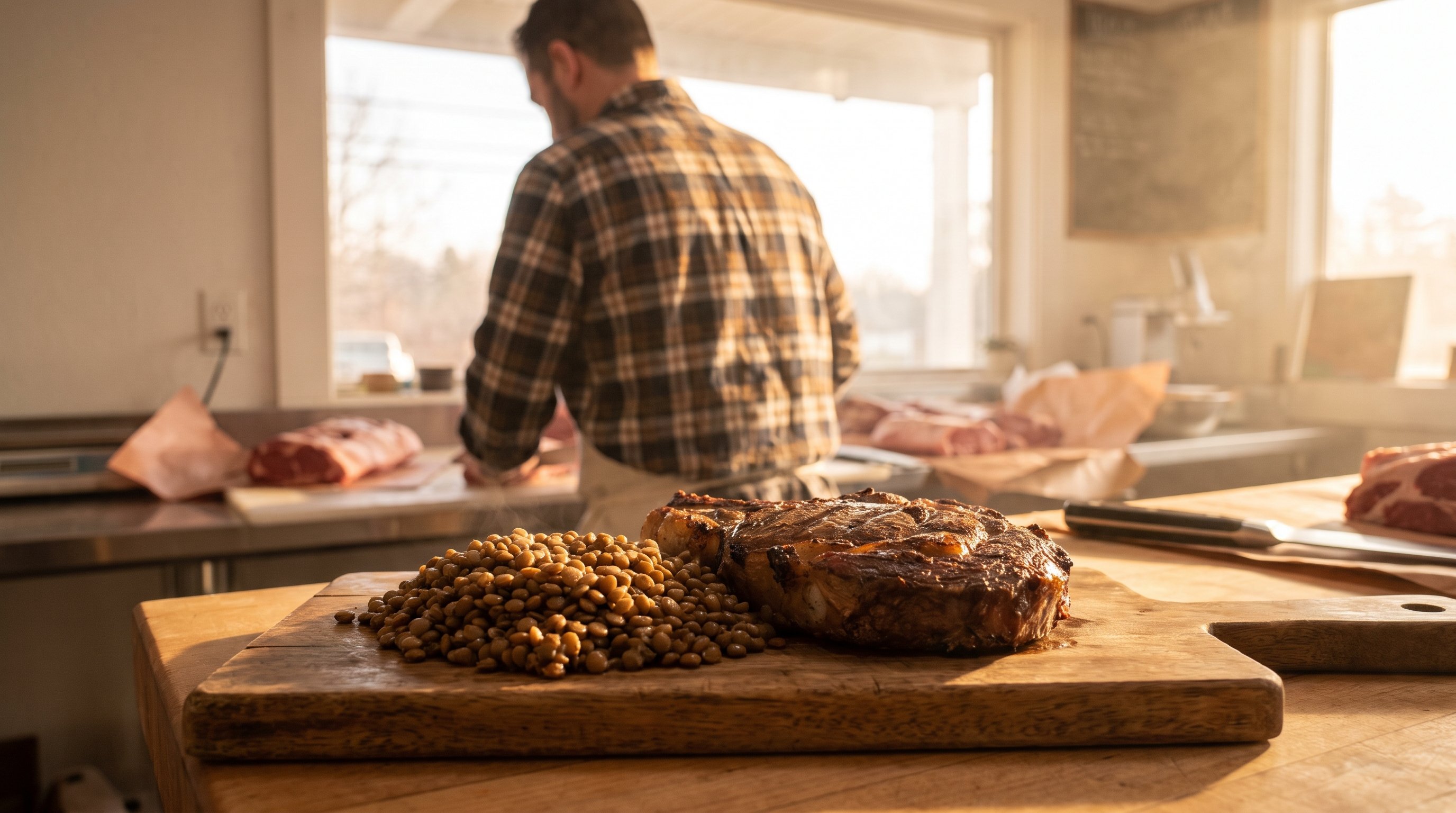 steak and lentils plated side by side on a wooden table