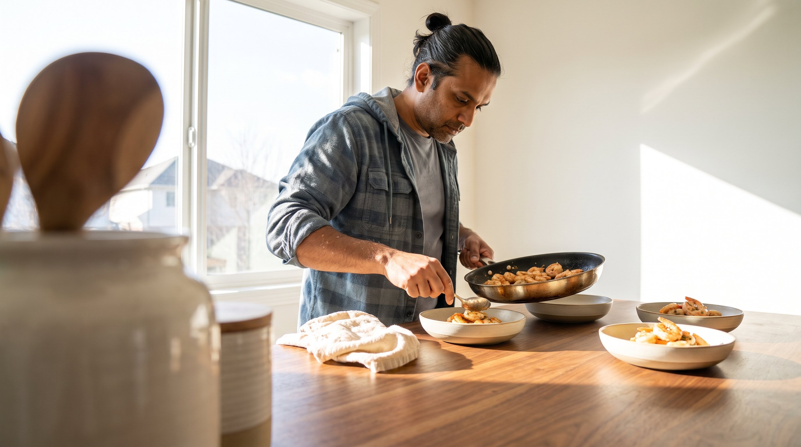 A man in his 40s in a casual flannel shirt cooking dinner in a warm wood kitchen