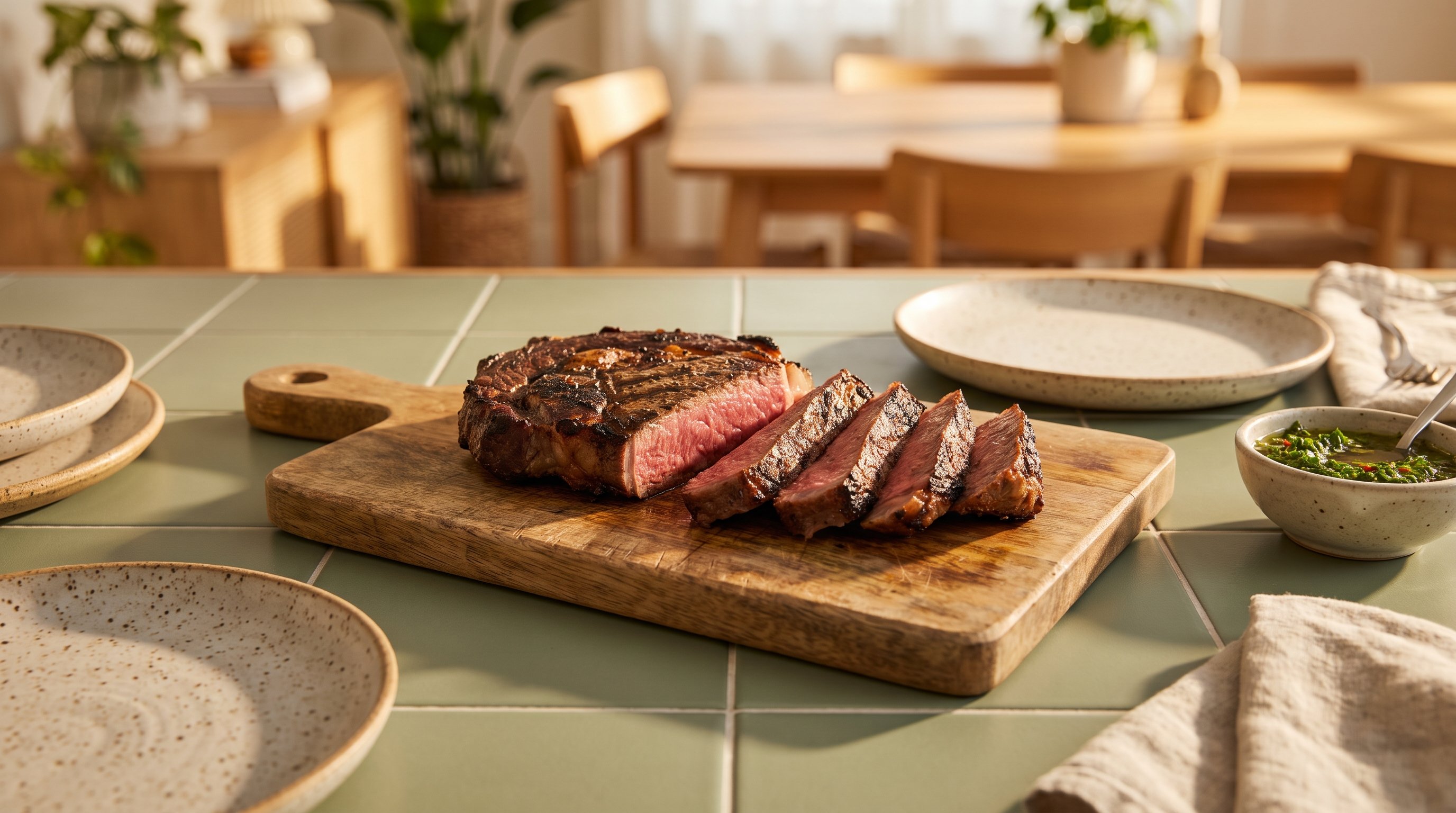 A sliced grilled steak on a board on a backyard wooden table