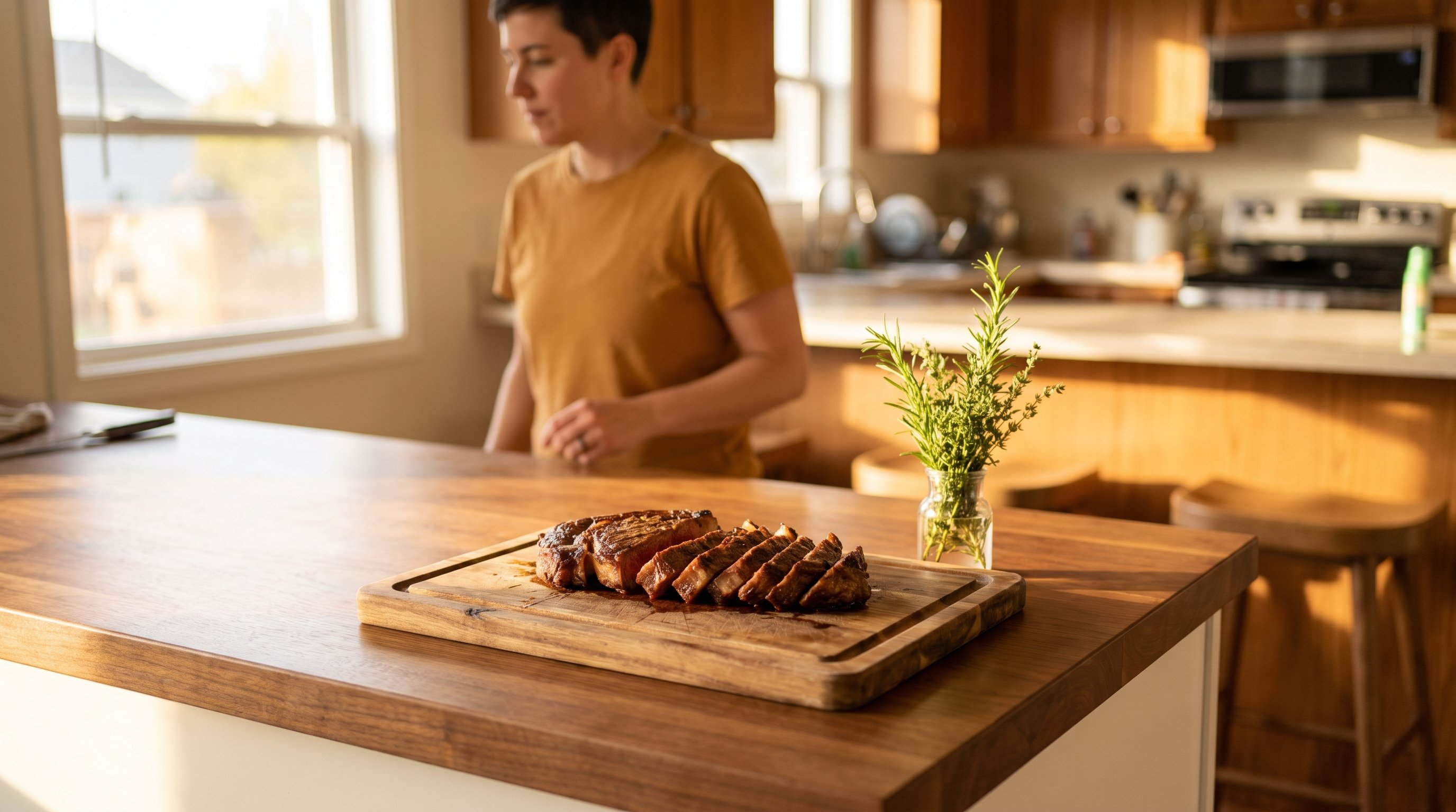 A sliced grilled steak on a board on a backyard wooden table