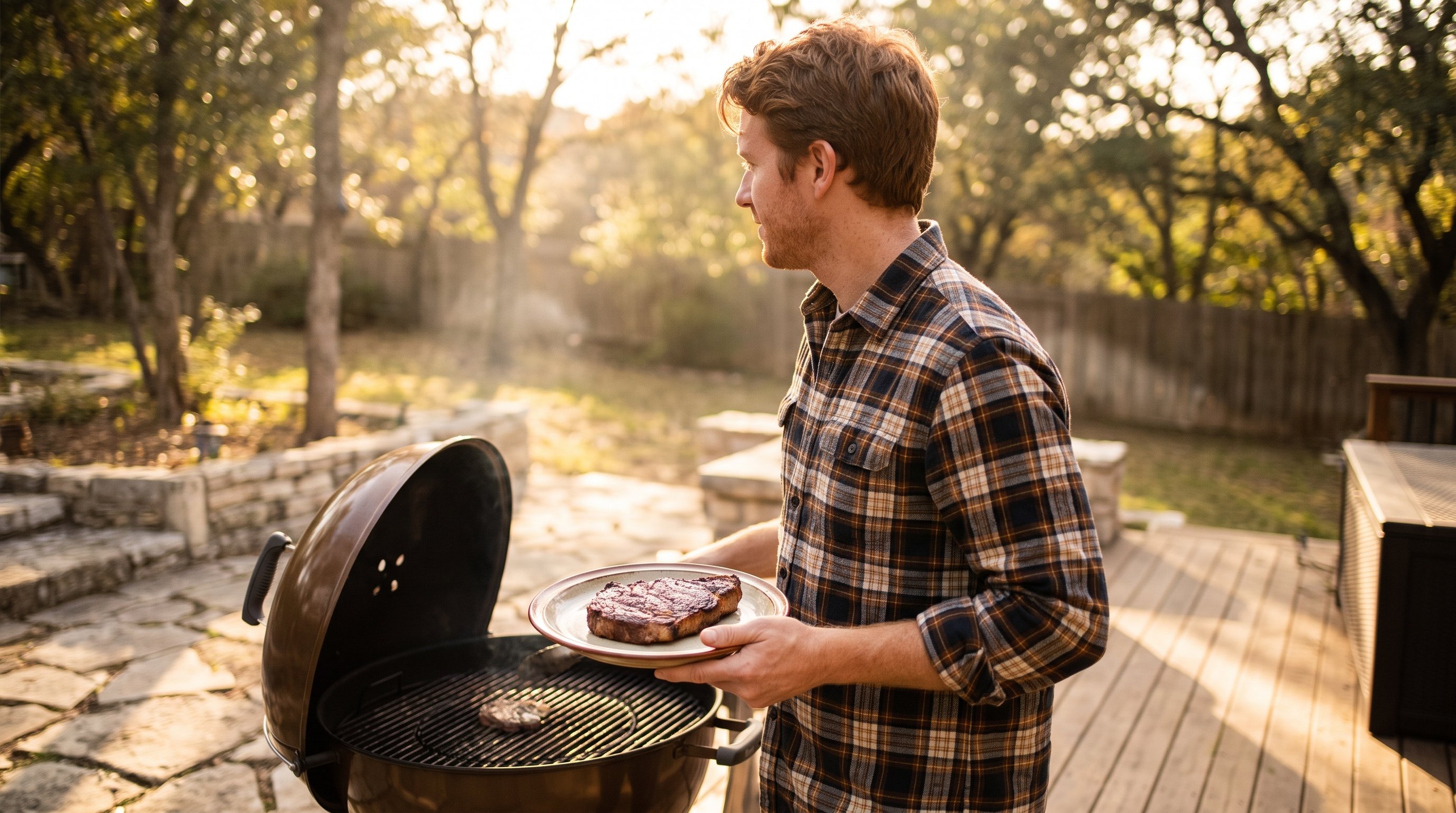 person grilling beef steak in home kitchen