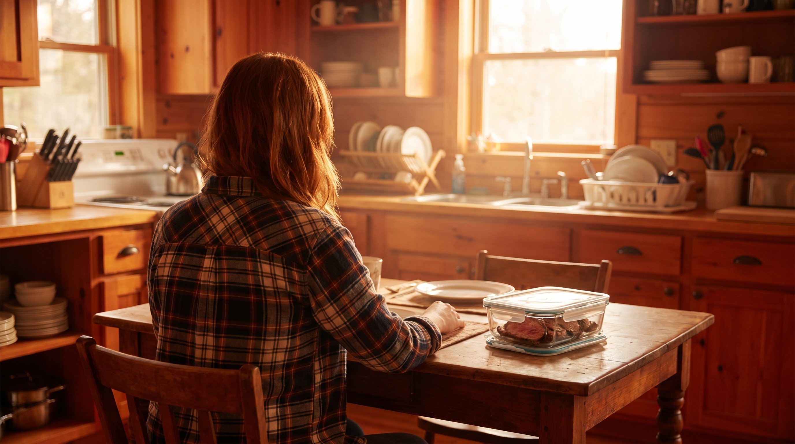 woman packing meat based lunch into container at home