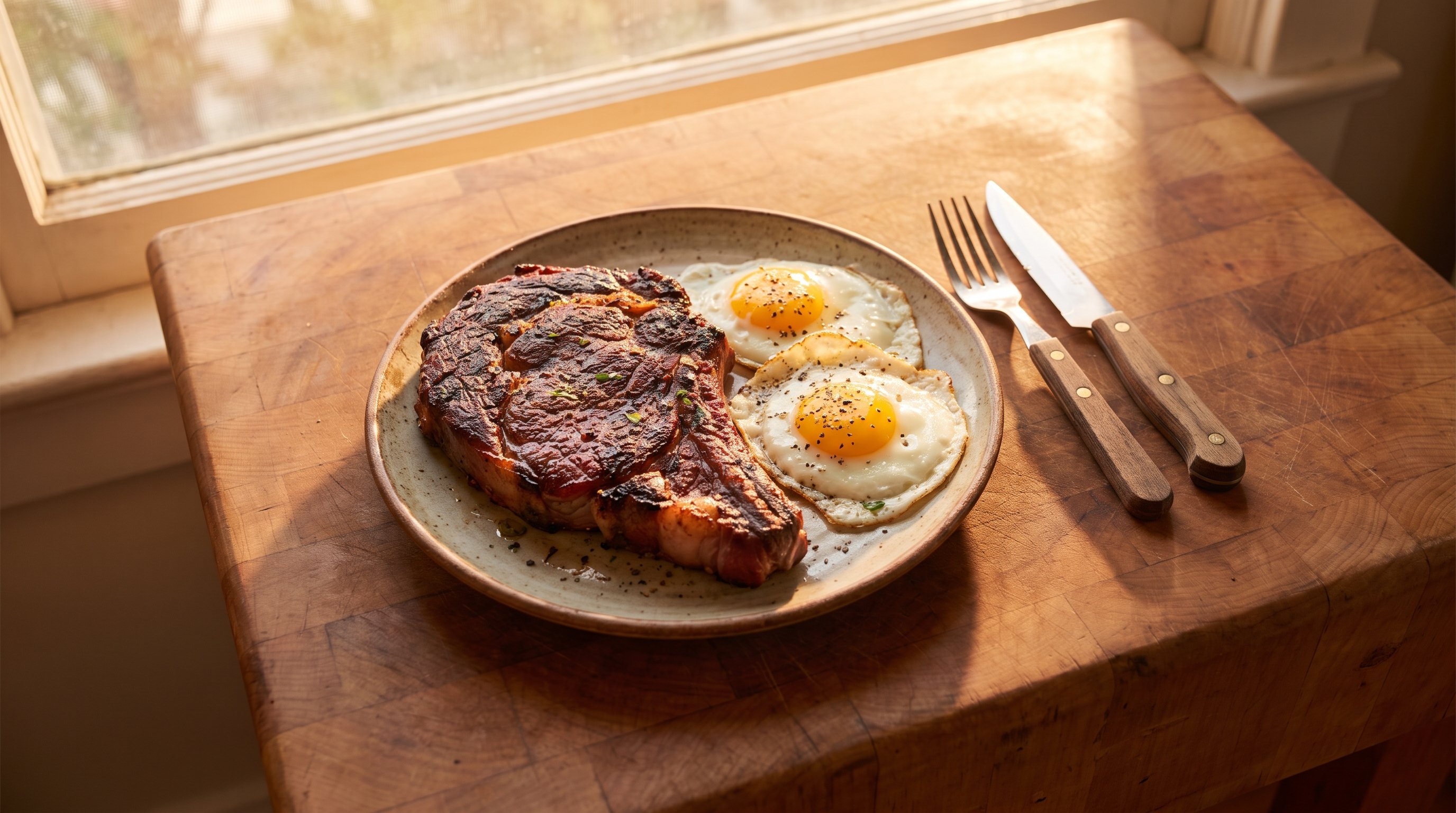 plate of steak and eggs on kitchen counter