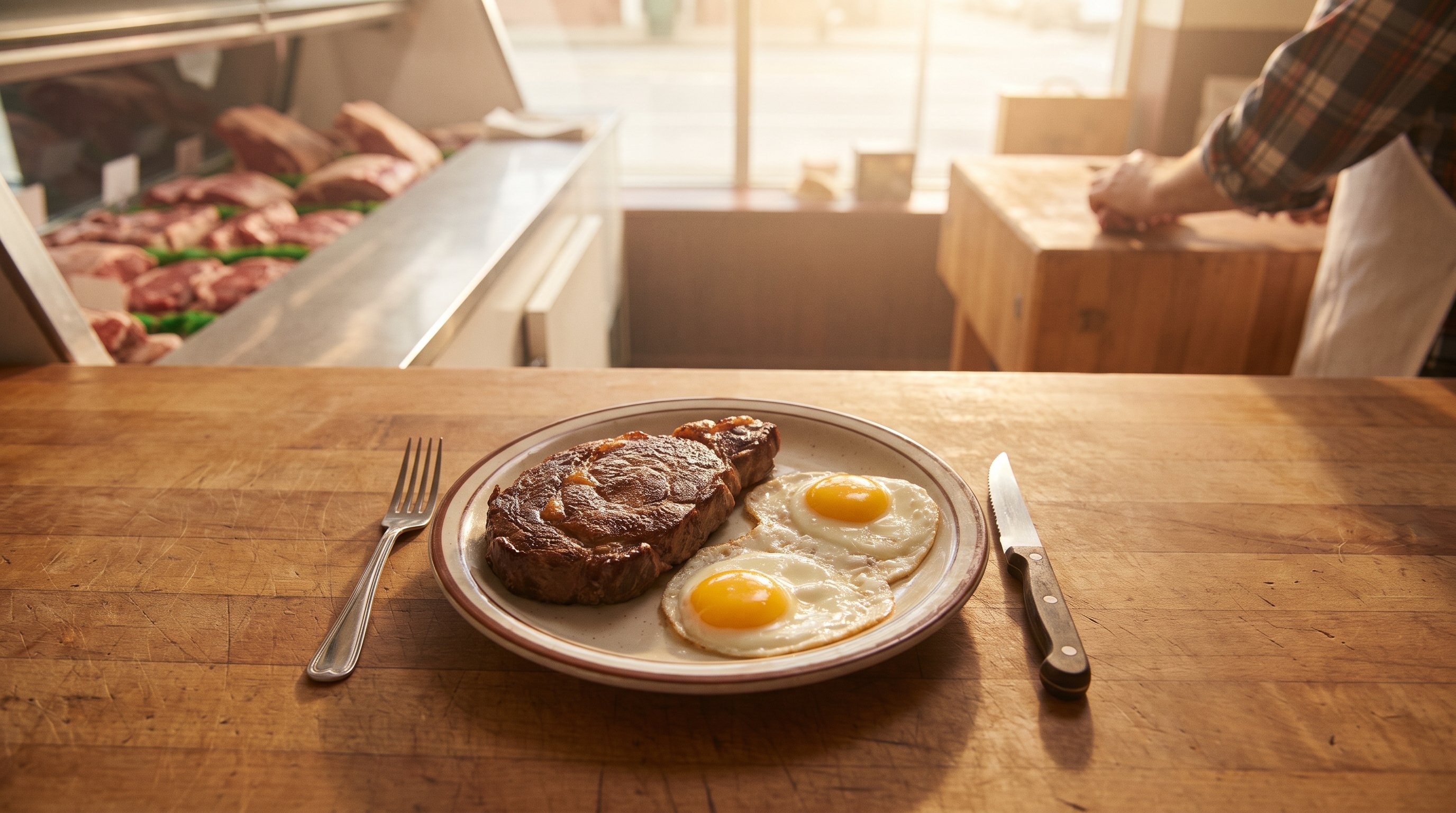 fried eggs and steak on a plate at breakfast