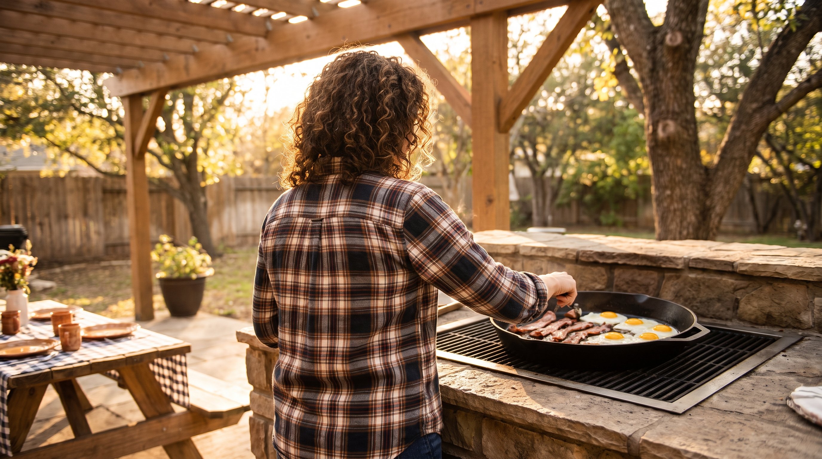 bacon and eggs cooking in a cast iron pan
