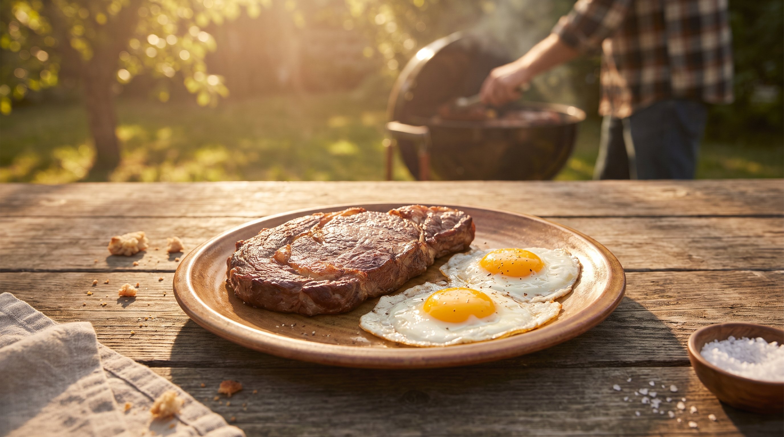 plate of steak and eggs on wooden table