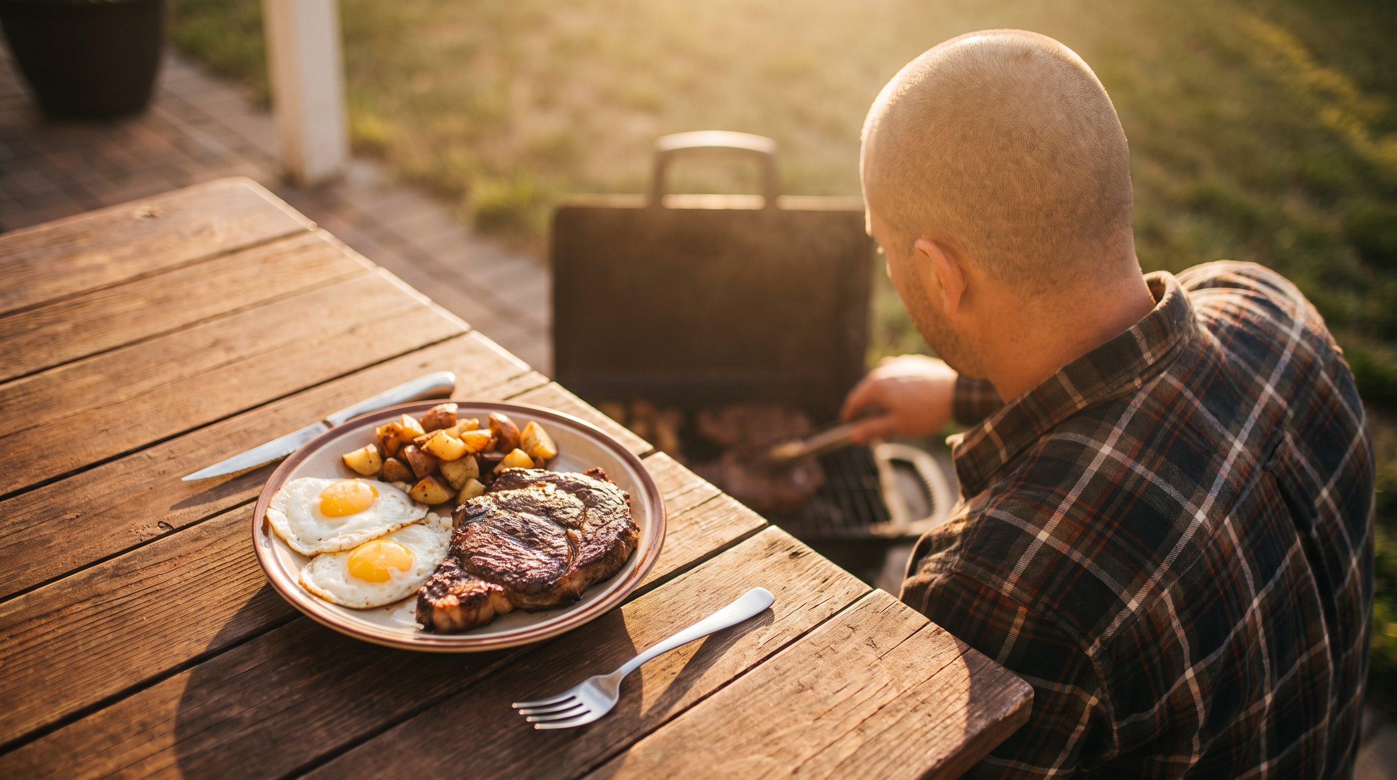 plate of steak and eggs on kitchen counter