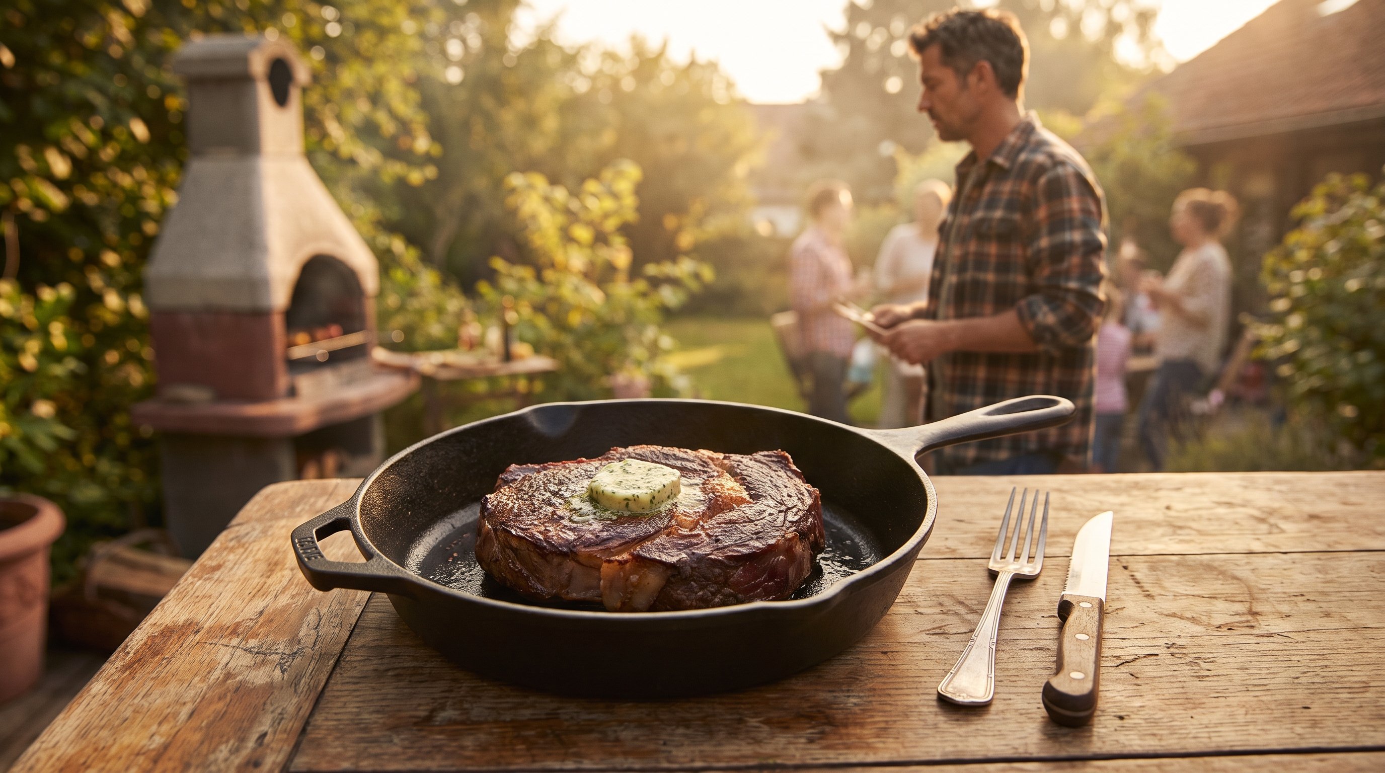 ribeye steak searing in a cast iron pan