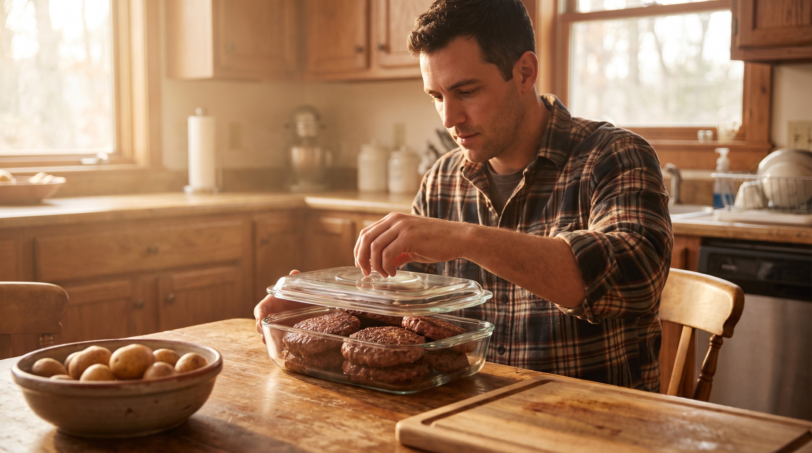 person packing cooked meat into lunch container at home