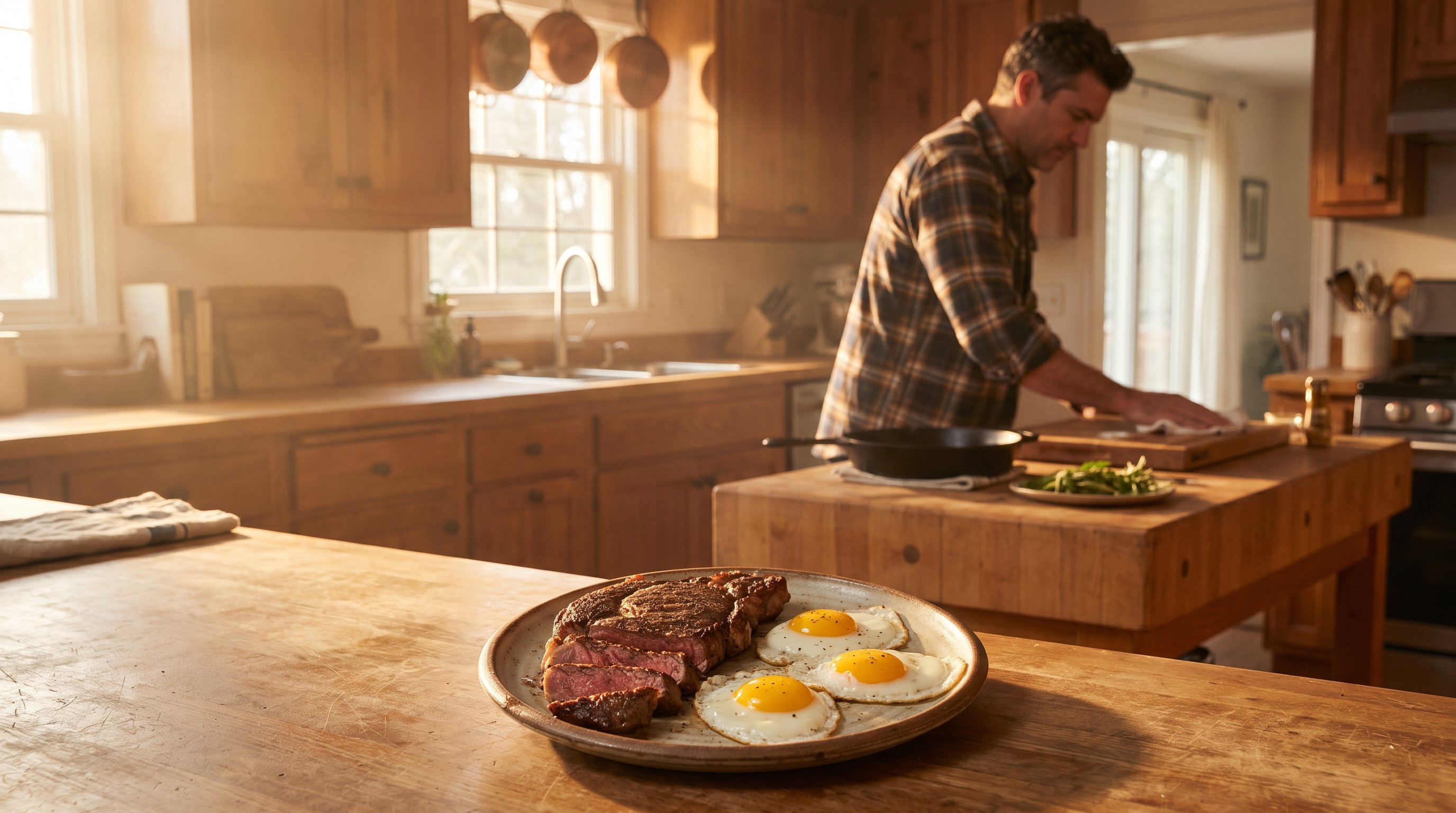 plate of steak and eggs on kitchen counter