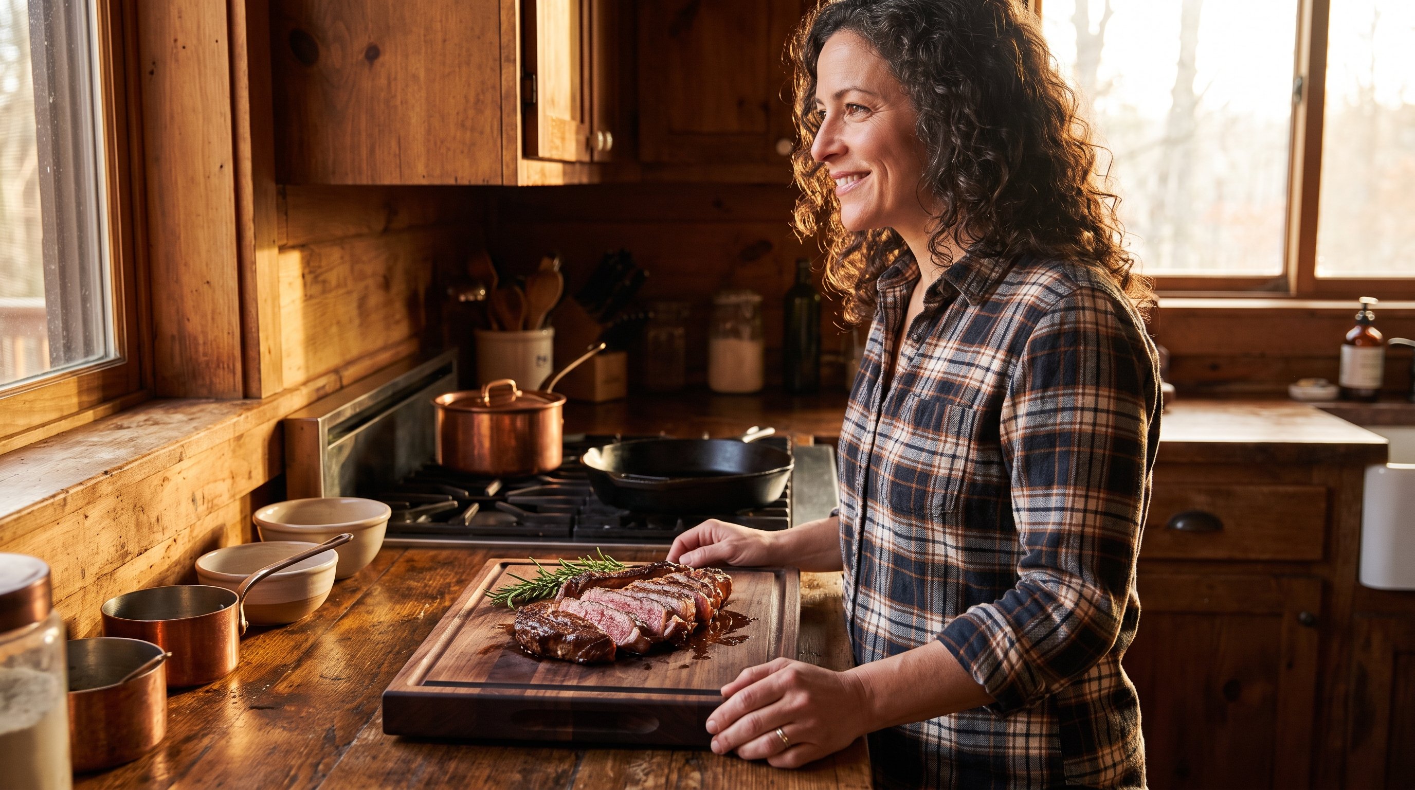 woman over 40 preparing a steak dinner in her kitchen