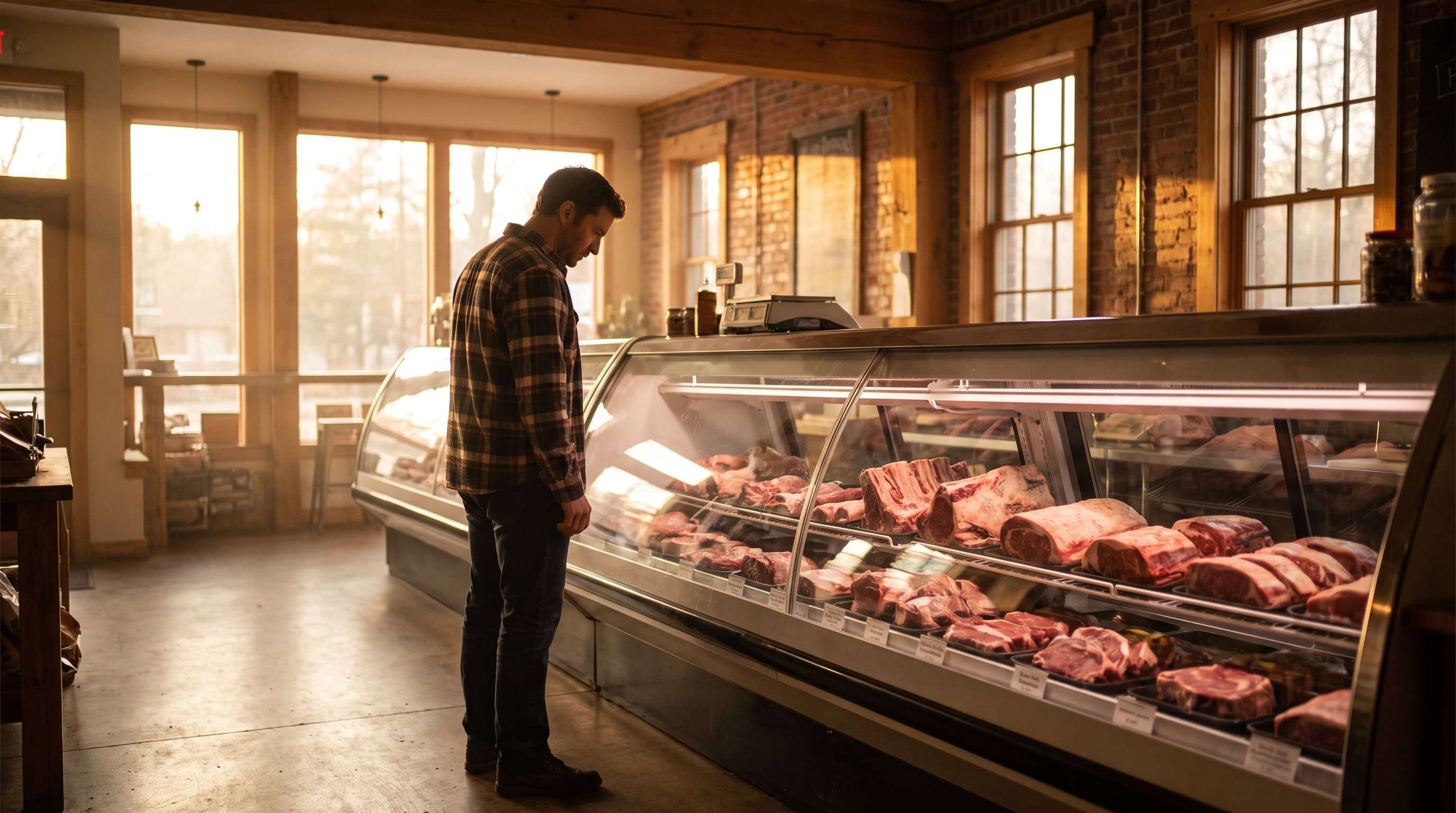 butcher counter with cuts of beef on display