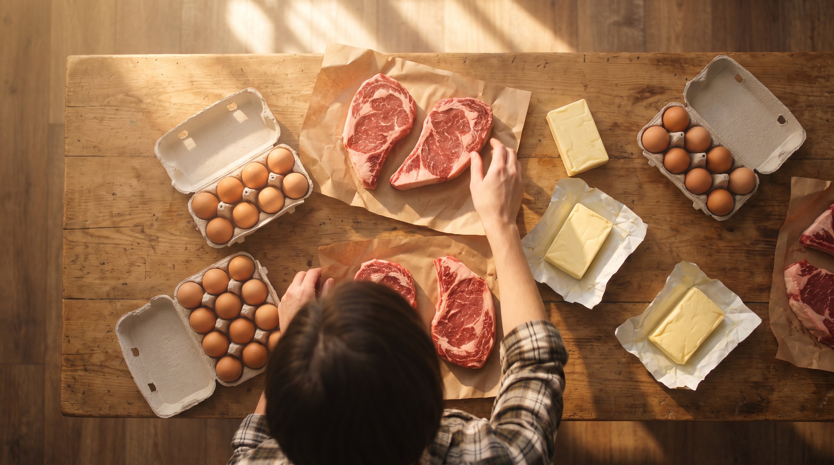 grocery trolley filled with meat, eggs and butter
