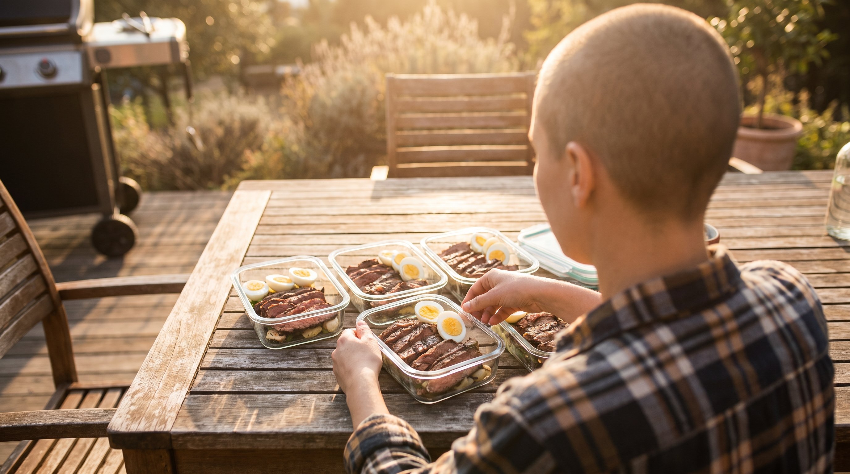 containers of cooked beef and eggs on a kitchen counter