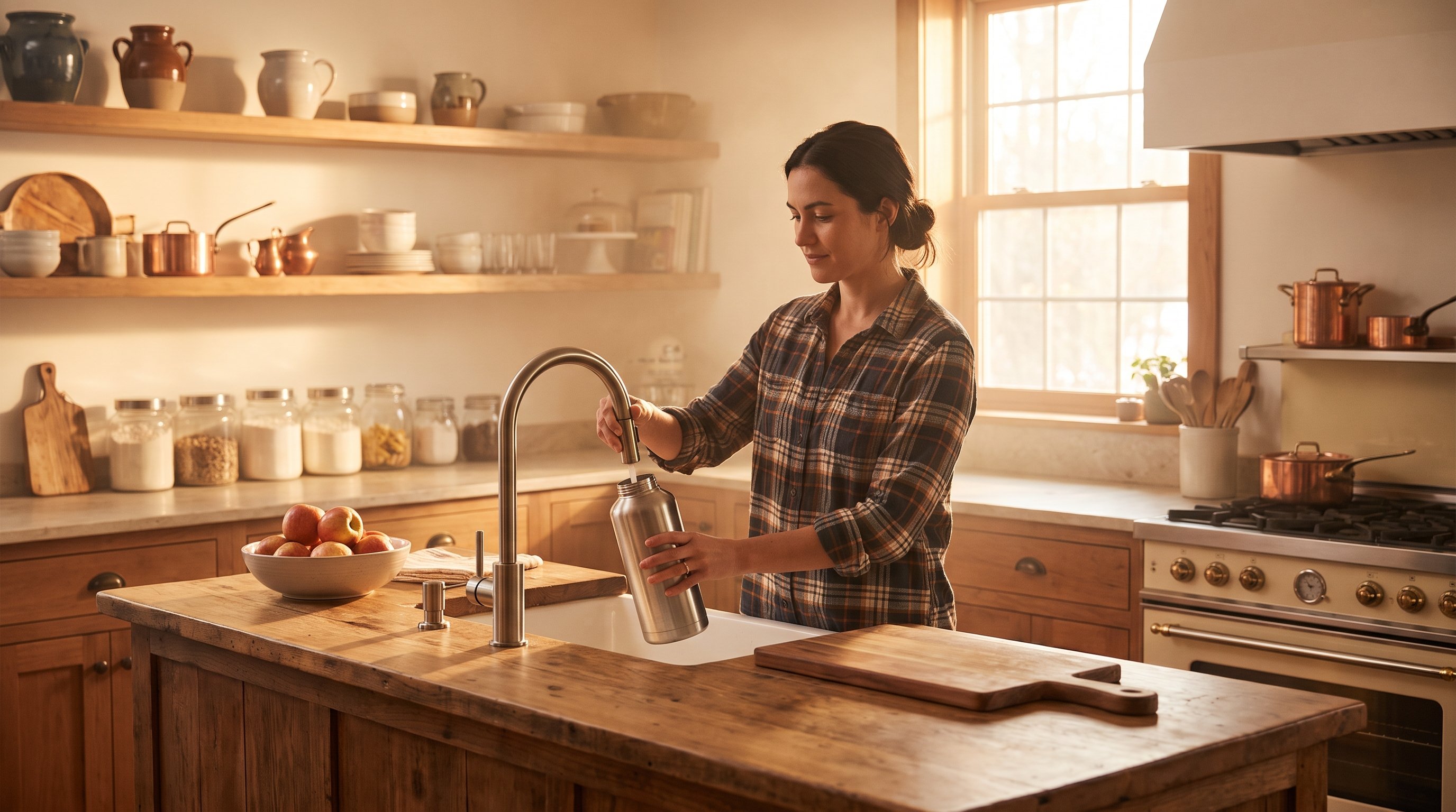 person filling reusable water bottle at kitchen tap