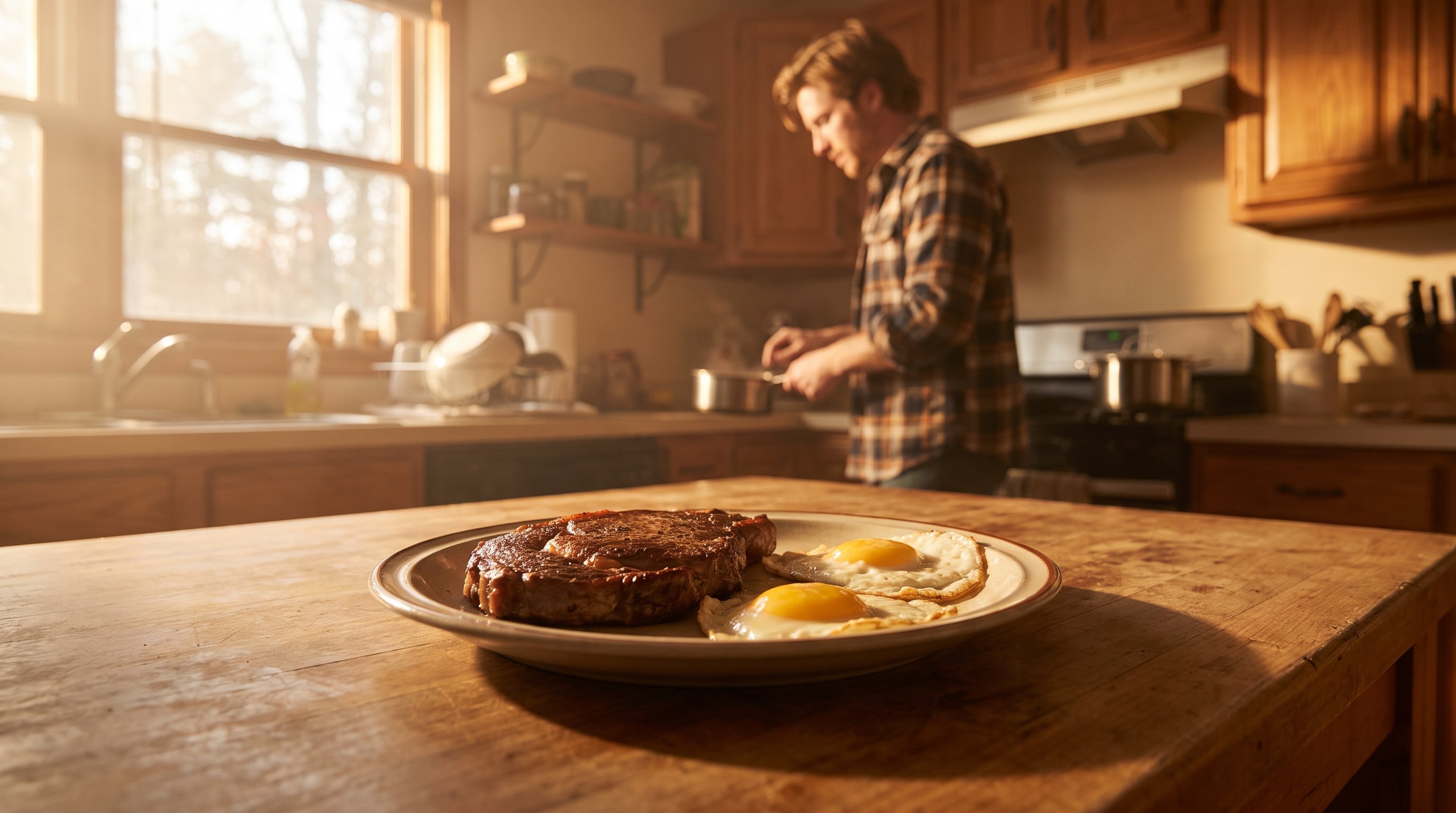 grilled steak and eggs on a plate