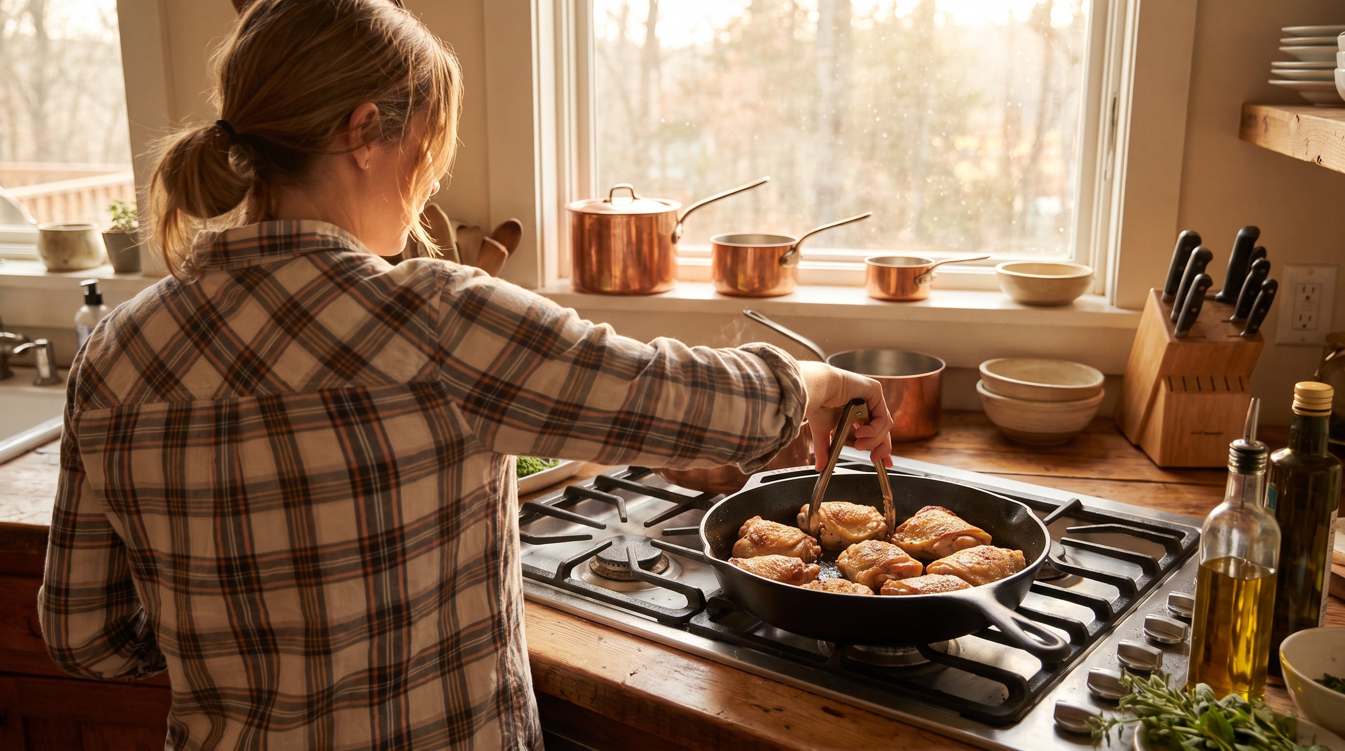 person reheating cooked chicken thighs in a pan