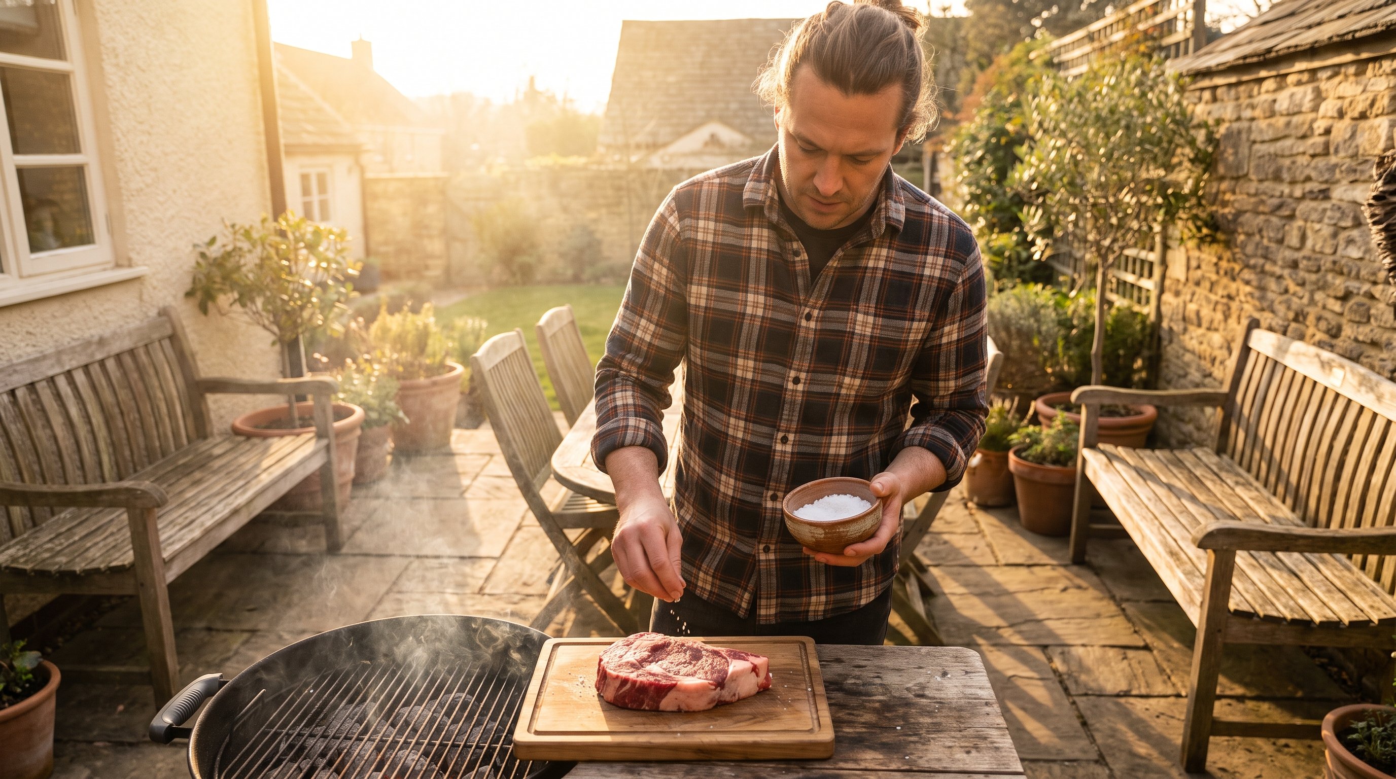 person salting a steak before cooking on a stovetop