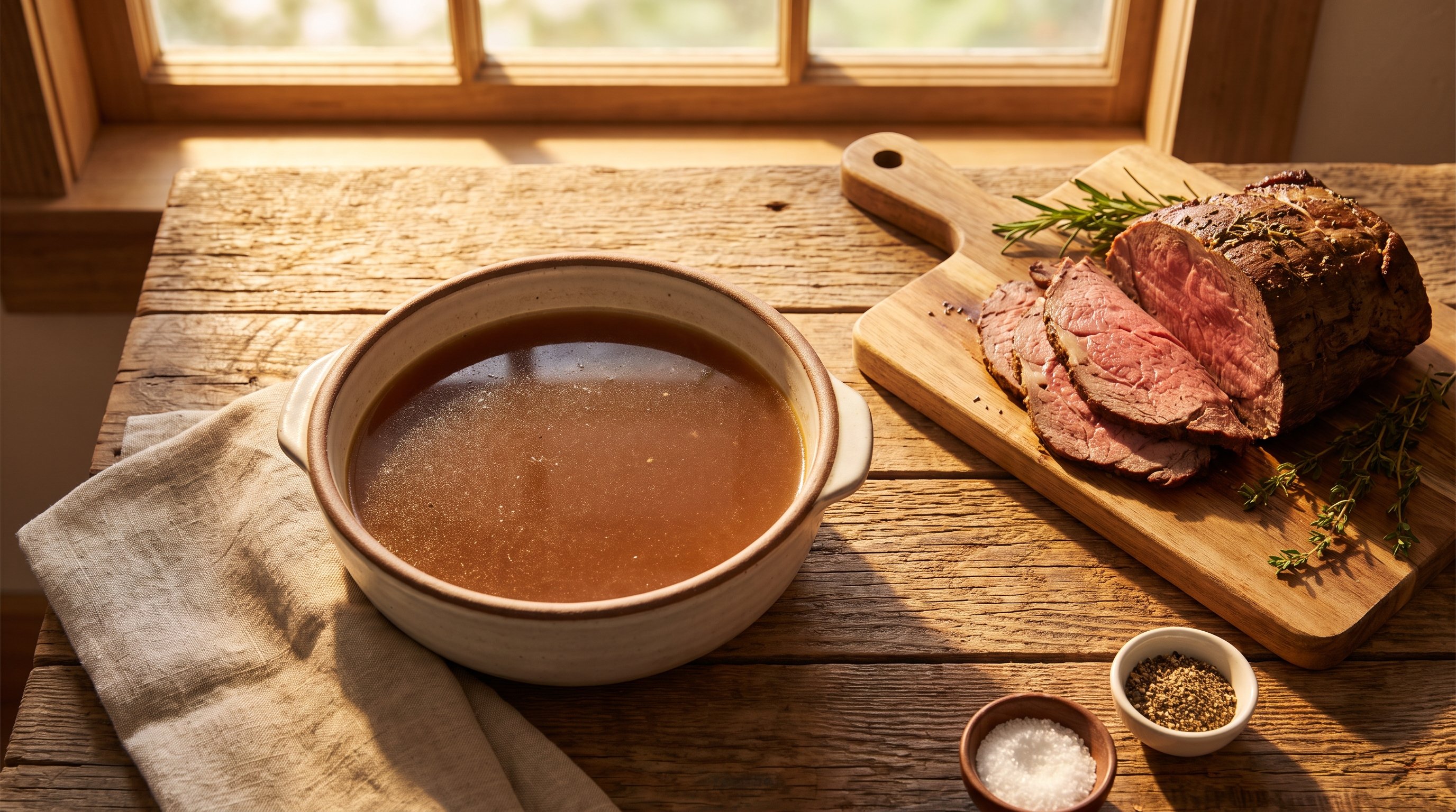 bowl of beef broth next to cutting board with herbs