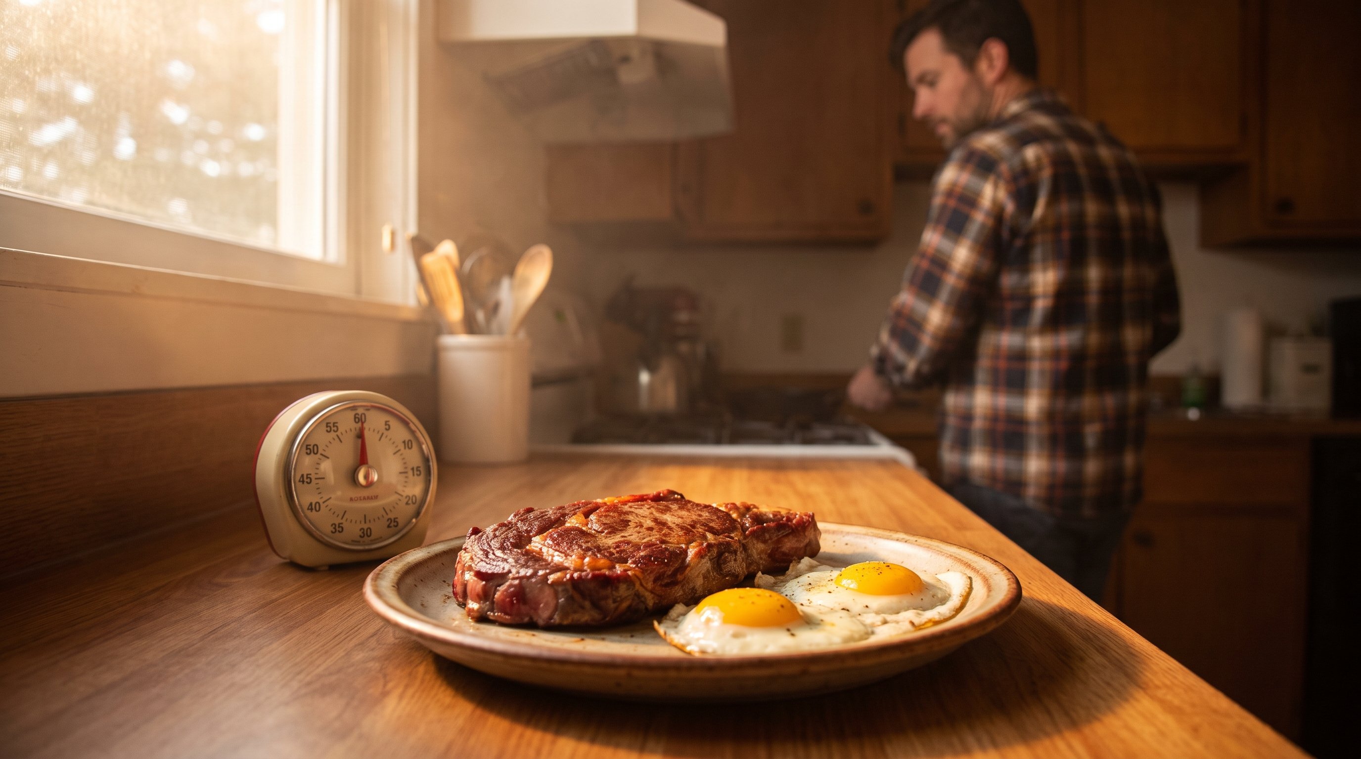 plate of steak and eggs beside a clock