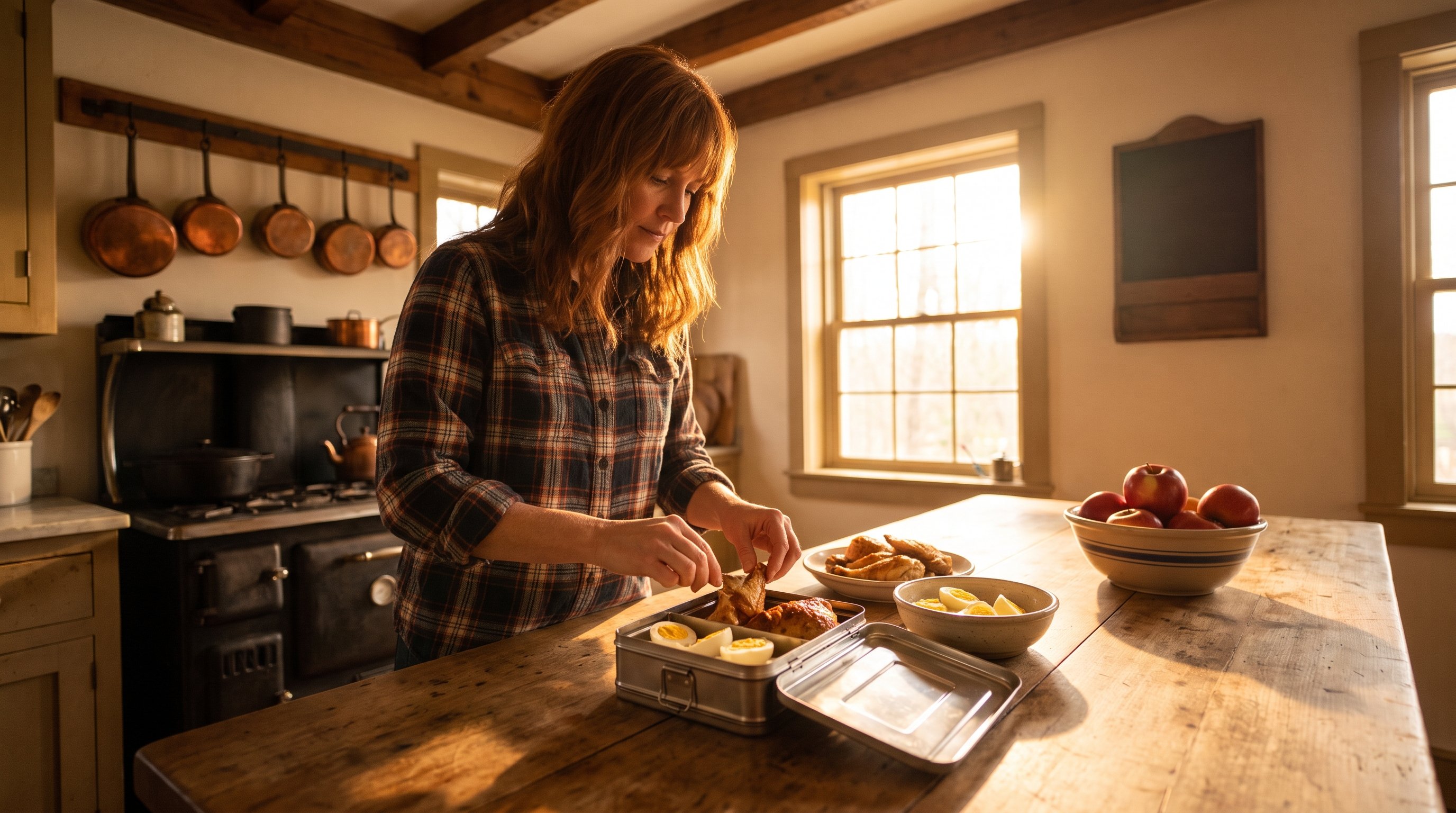 busy parent packing a lunchbox with cooked chicken and eggs