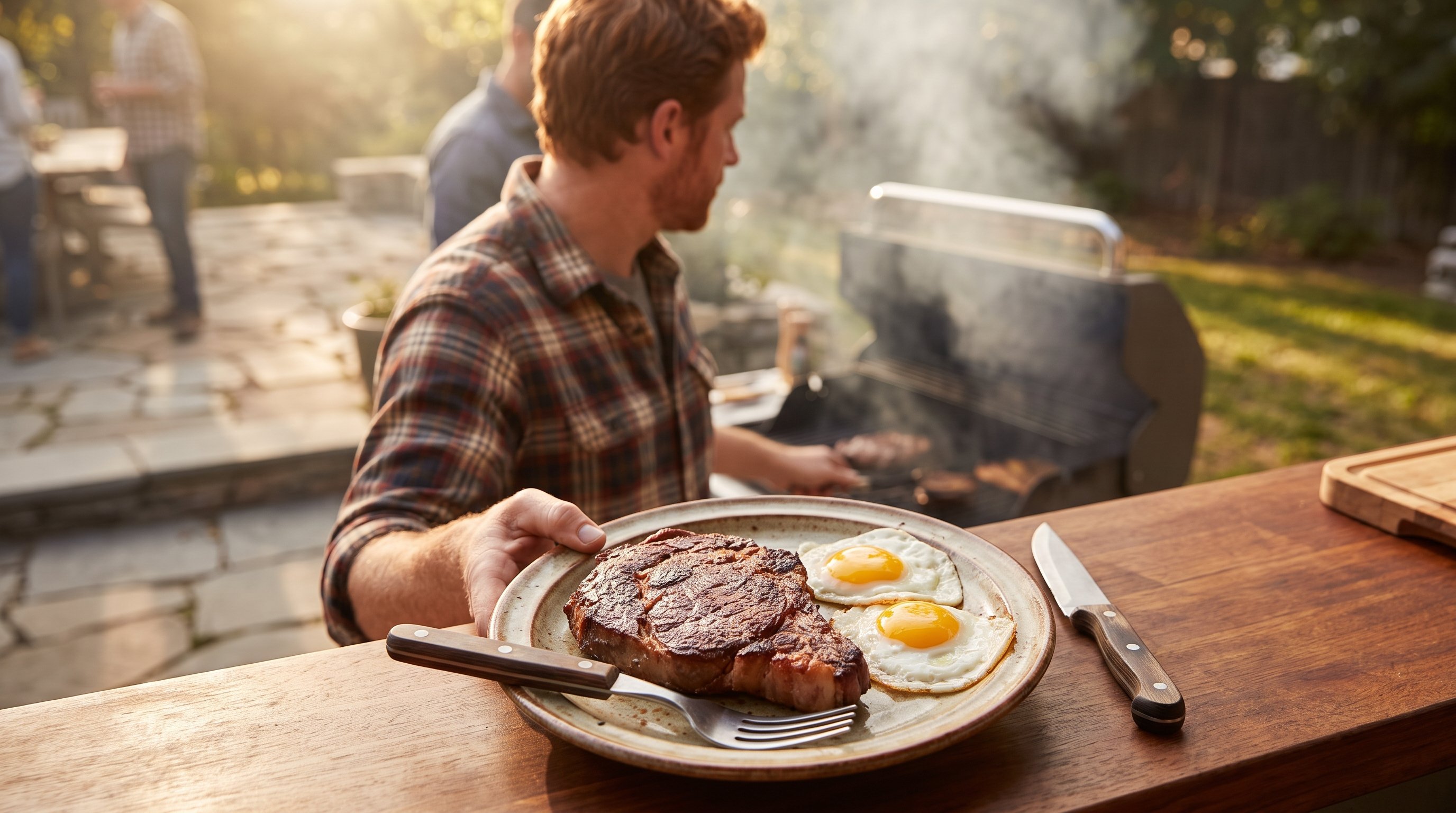 plate of steak and eggs on kitchen counter