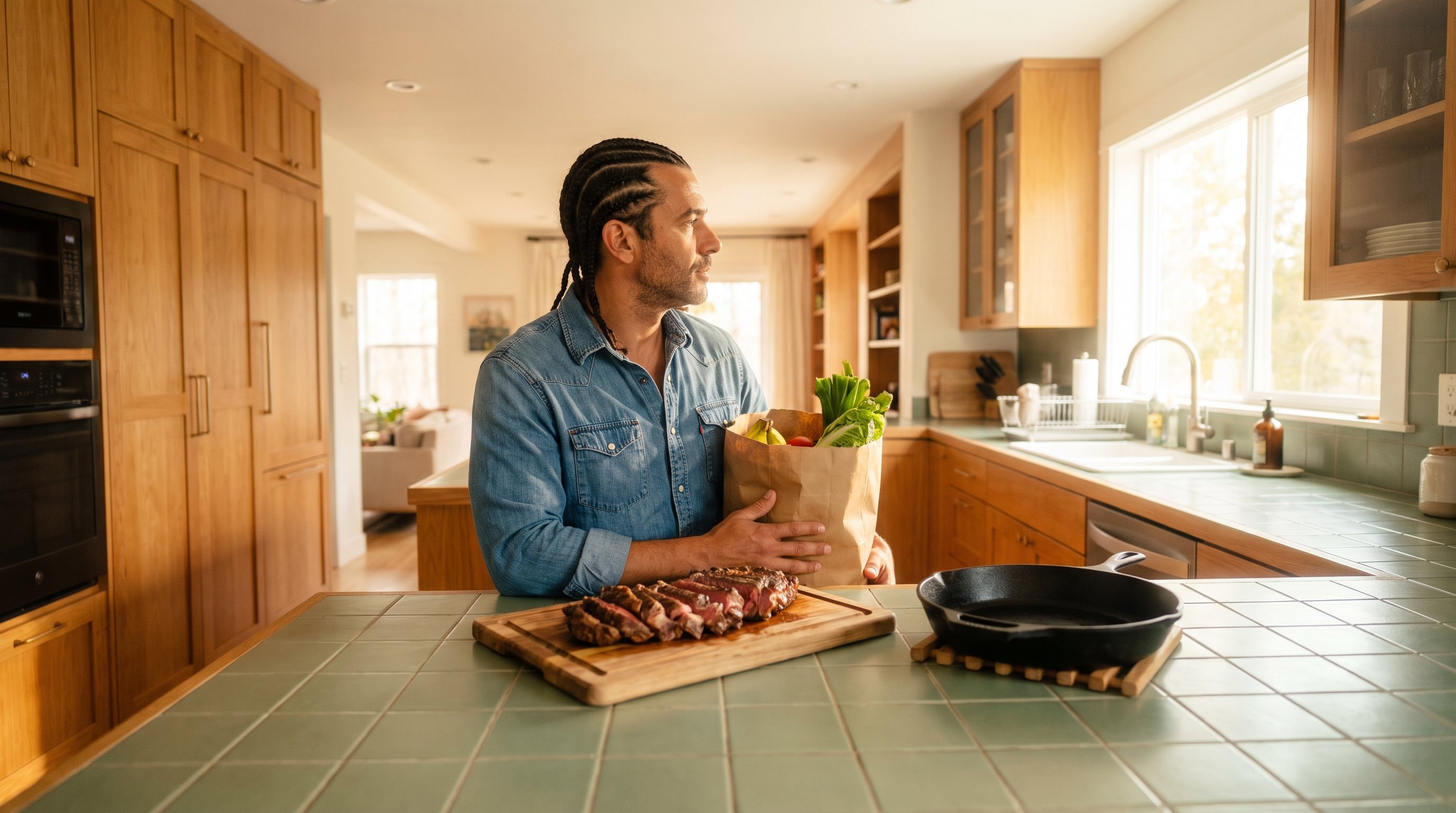A man in his 40s in a casual flannel shirt unpacking groceries in a warm wood kitchen