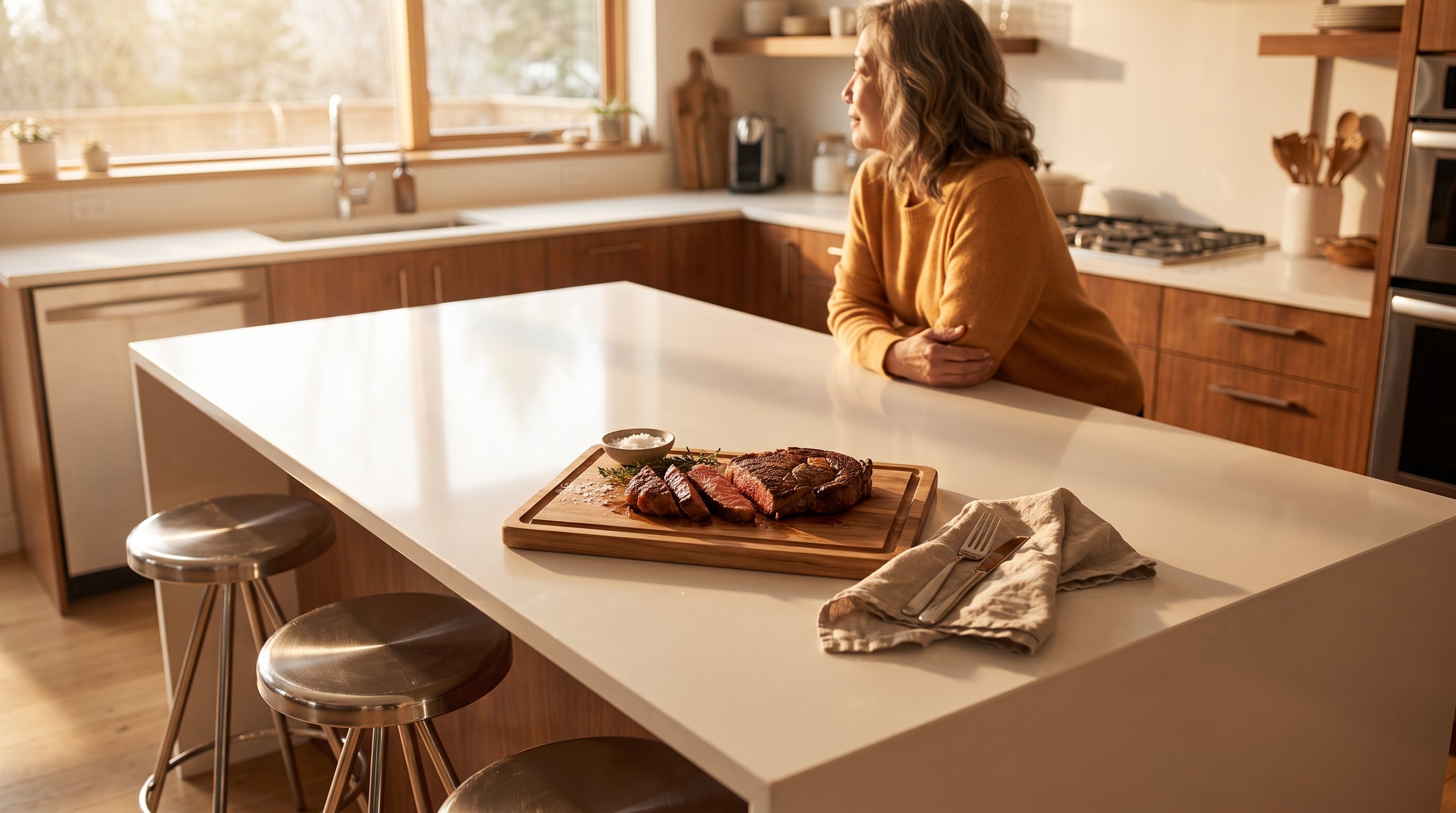A sliced grilled steak on a board on a backyard wooden table