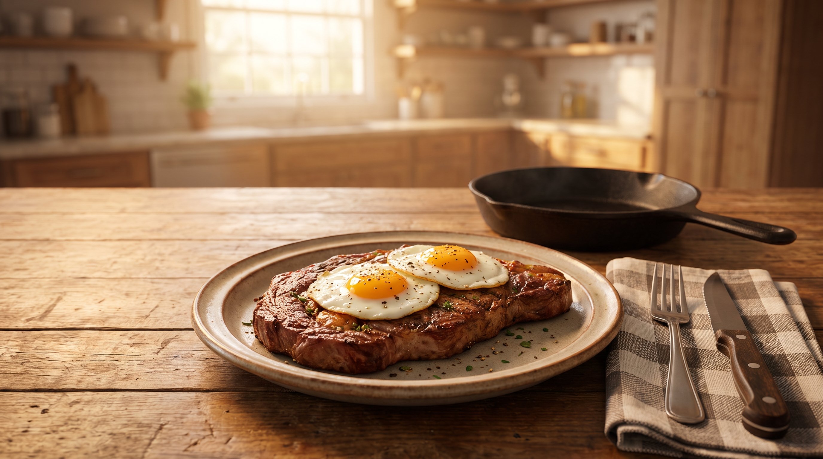 grilled steak and eggs on plate