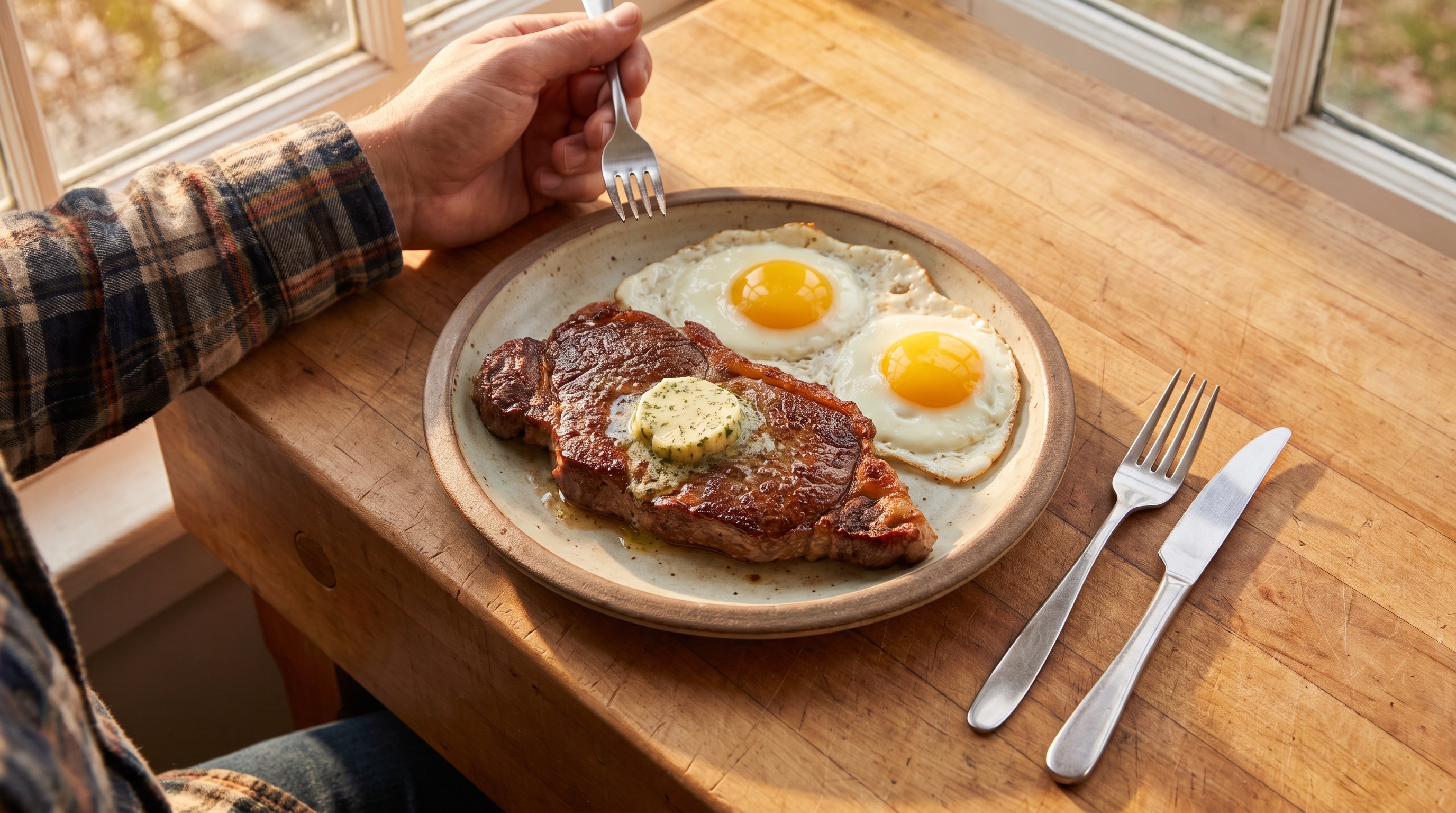grilled steak and eggs on a plate