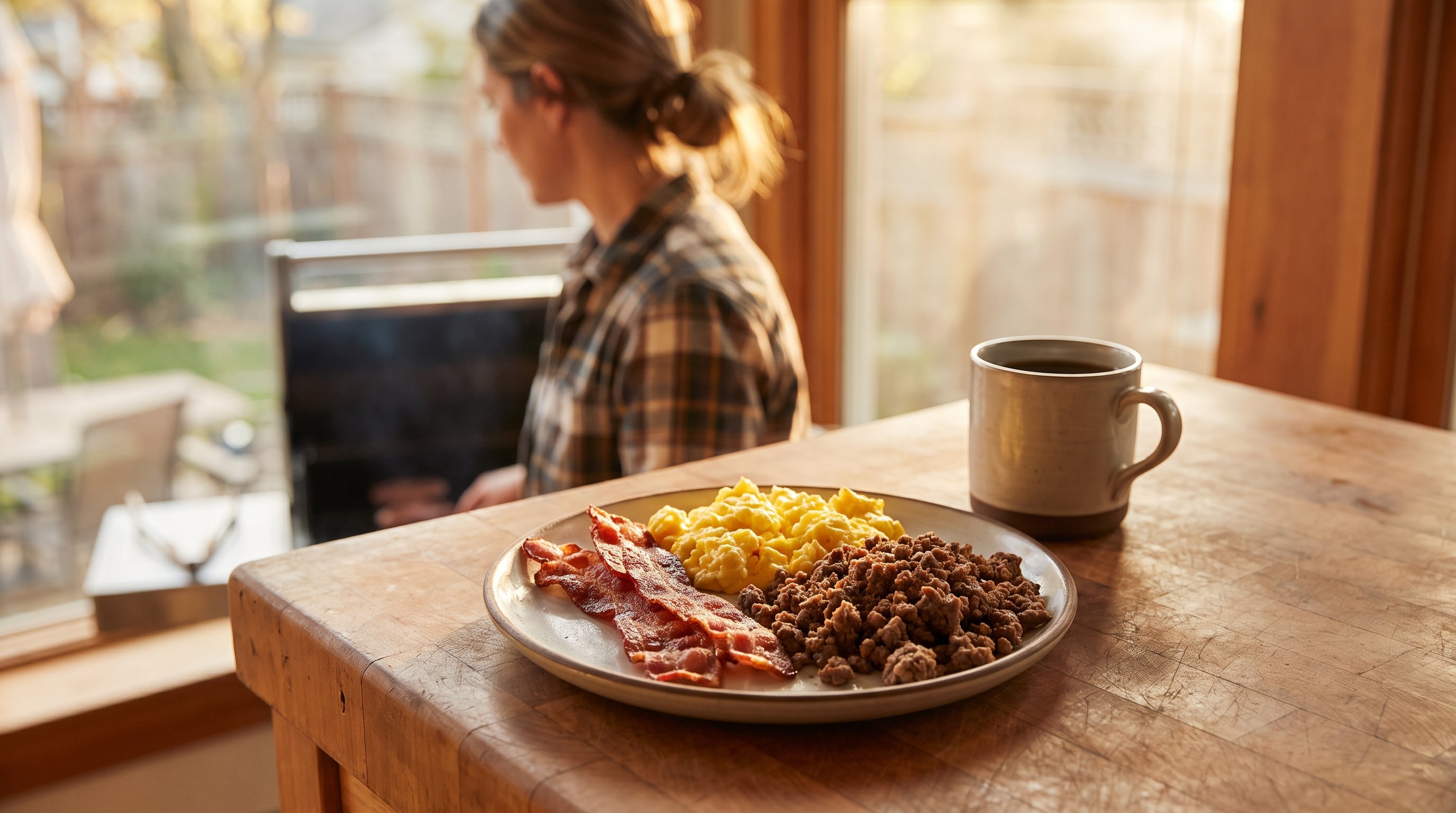 plate of eggs bacon and ground beef on a kitchen counter