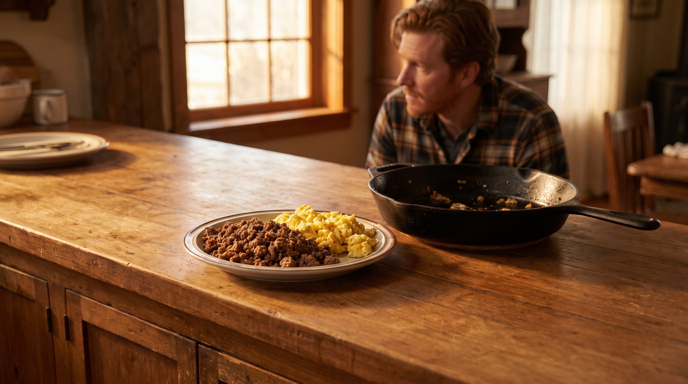 plate of ground beef and eggs on a kitchen counter