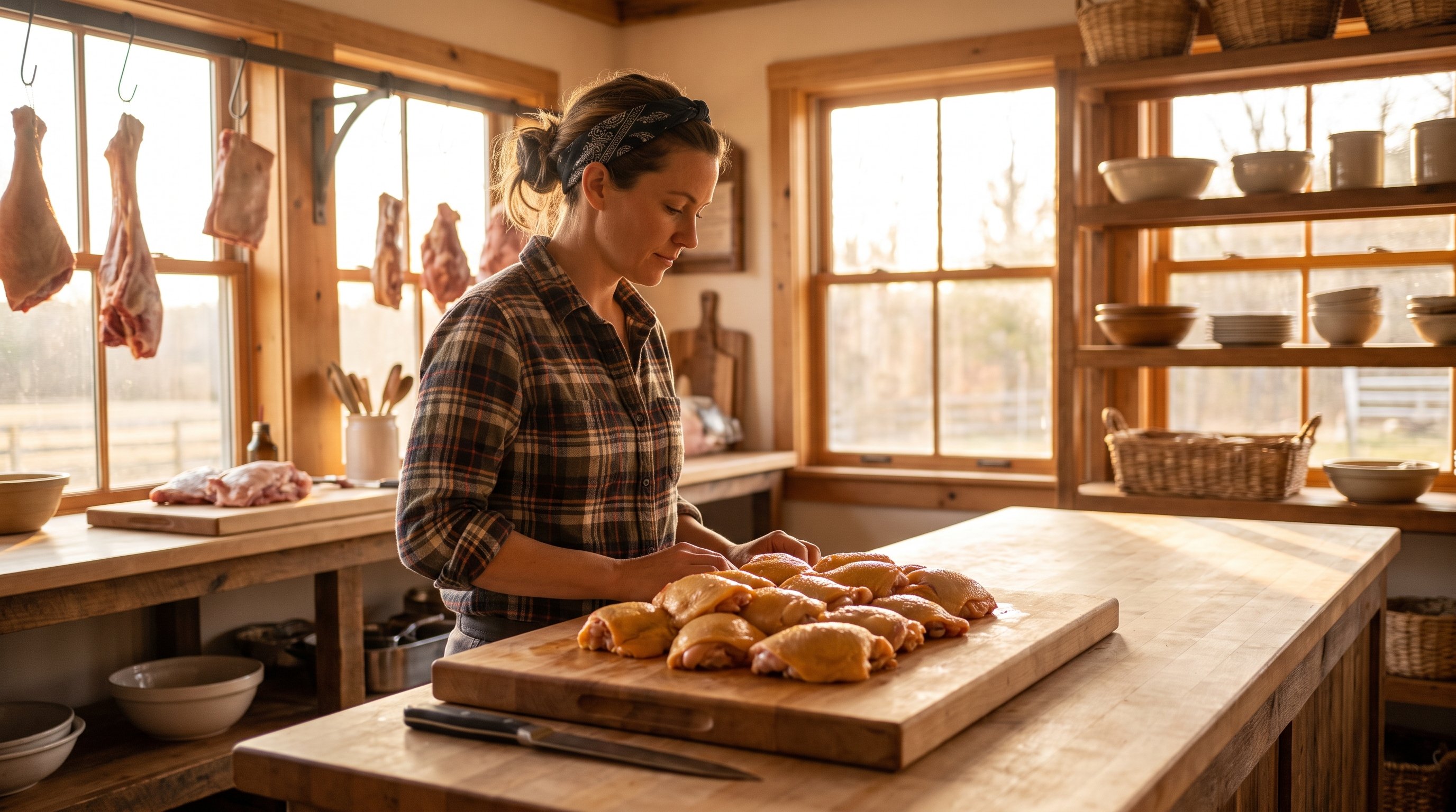 person seasoning raw chicken thighs on wooden board in kitchen