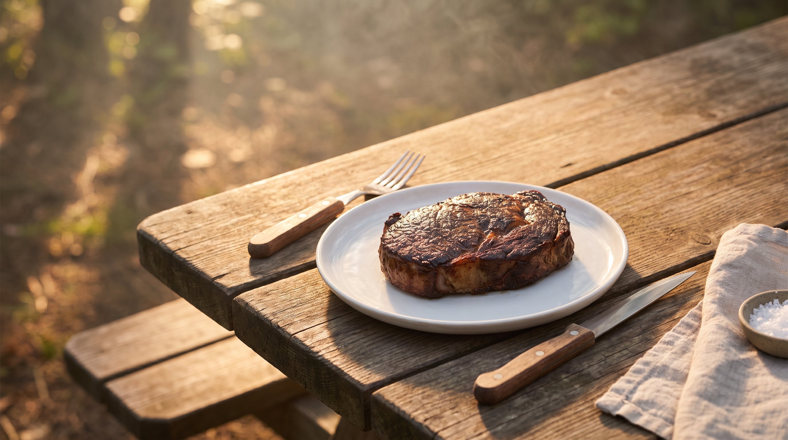 golden brown crust on seared beef steak on white plate