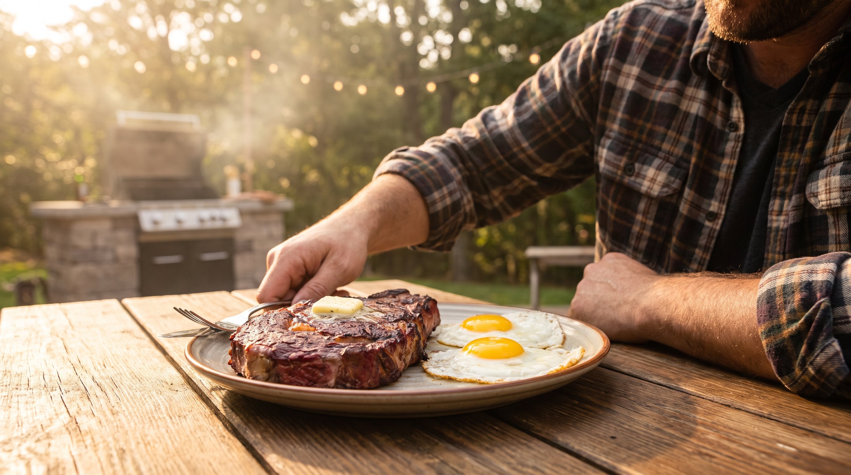 grilled steak and eggs on a plate
