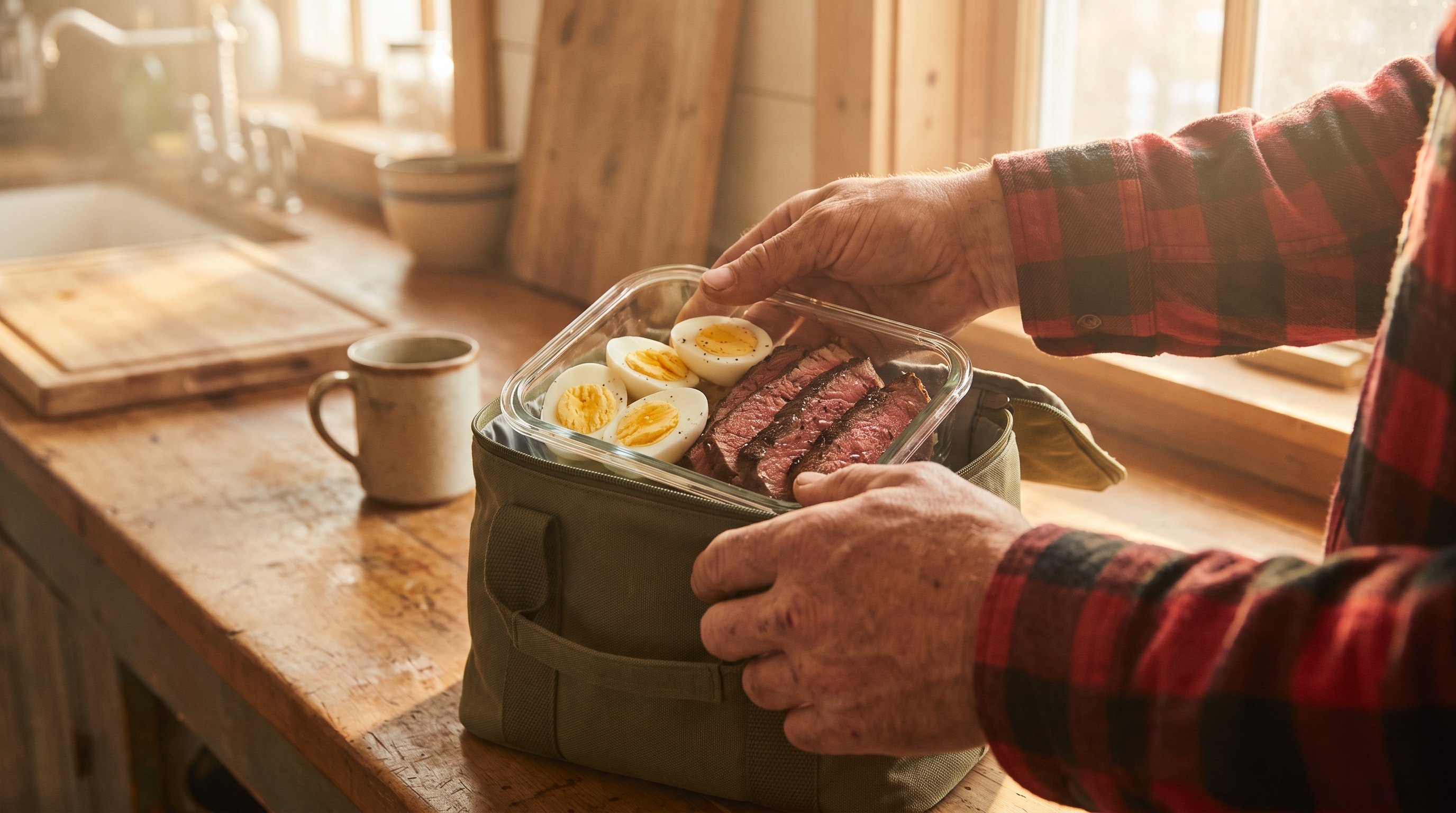 person packing meat and eggs into a lunch bag