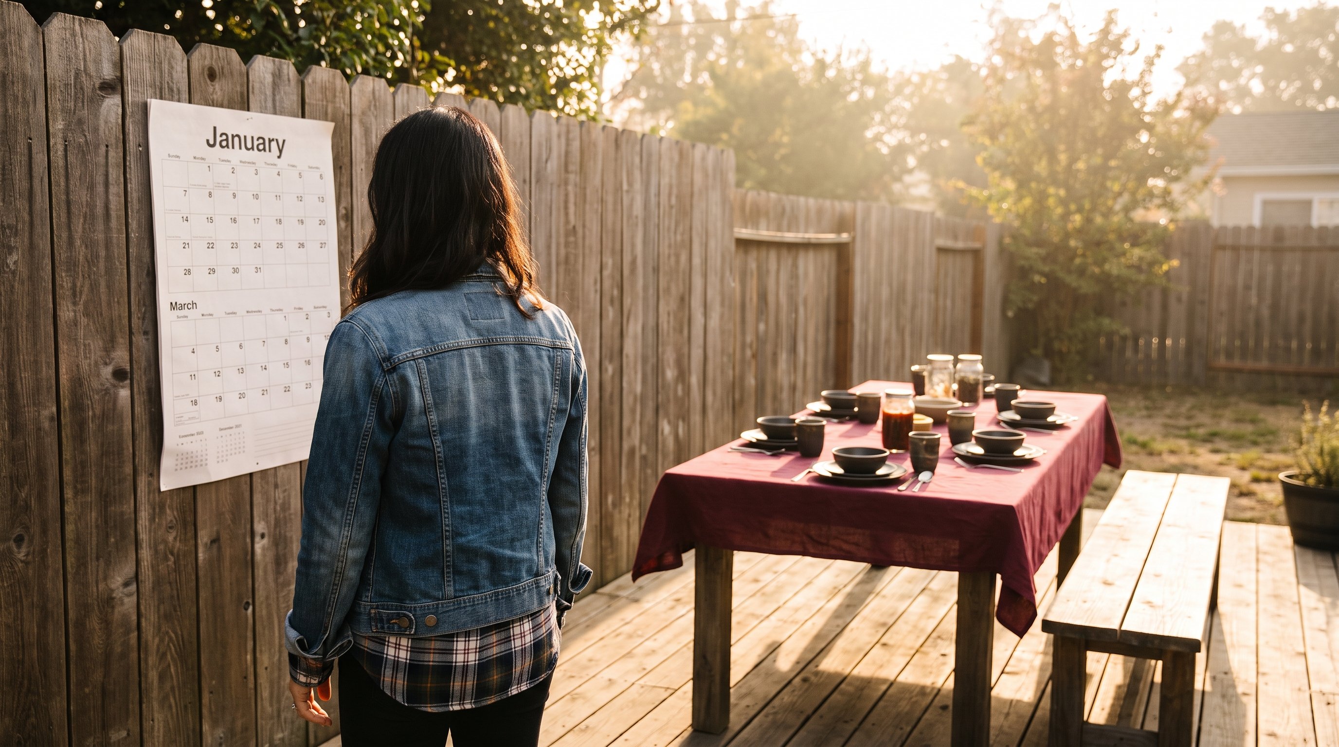 person checking a weekly calendar on a kitchen wall