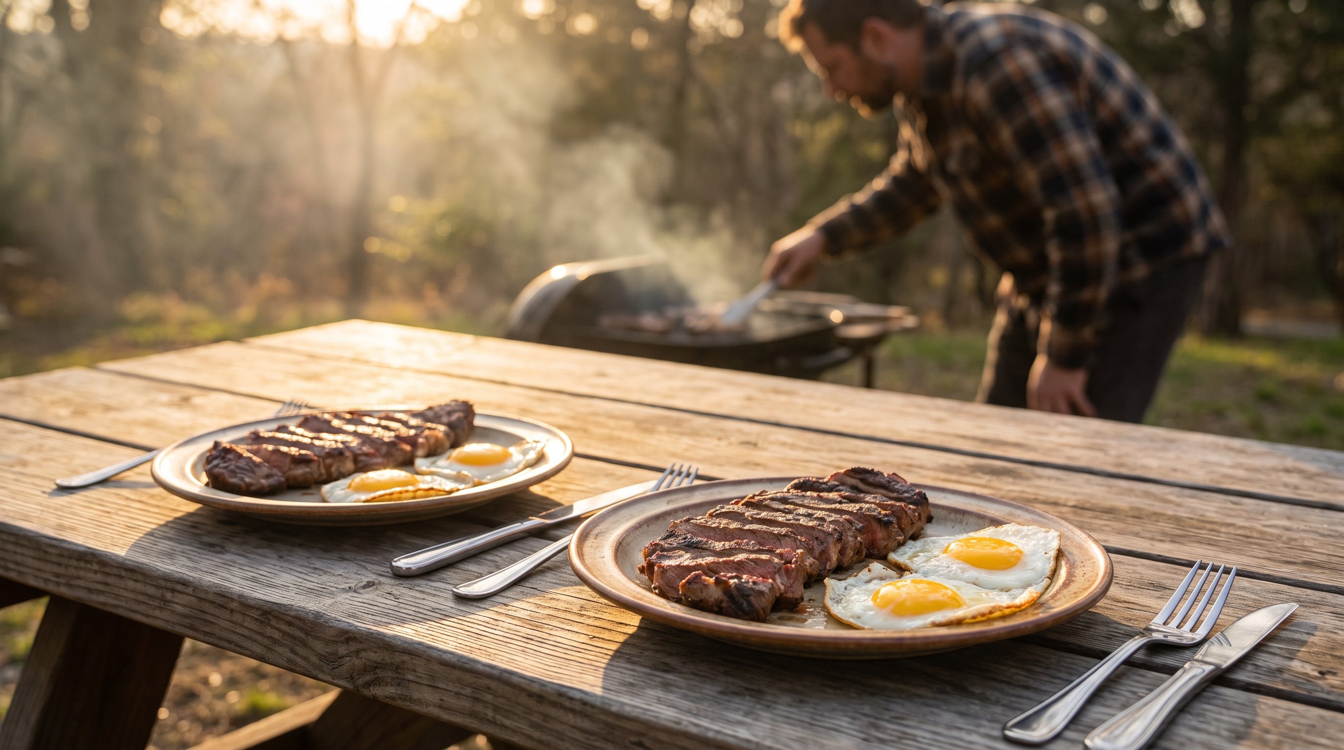 two plates of cooked steak and eggs side by side on a counter
