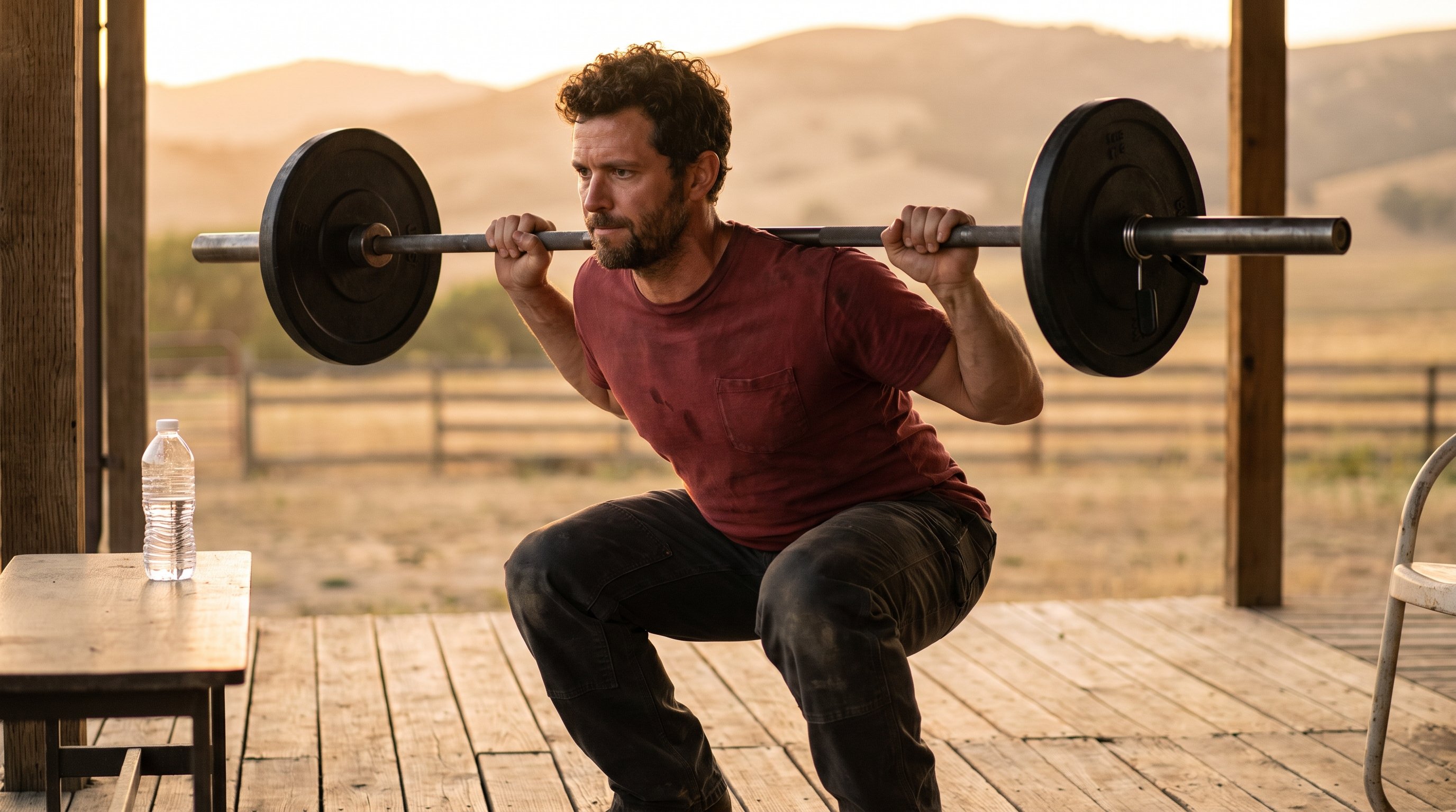 man doing a barbell squat in a small home gym