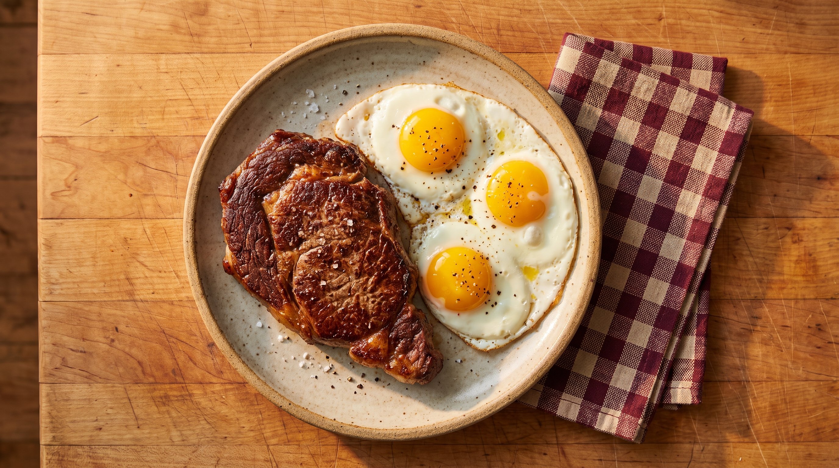 plate of steak and eggs on kitchen counter